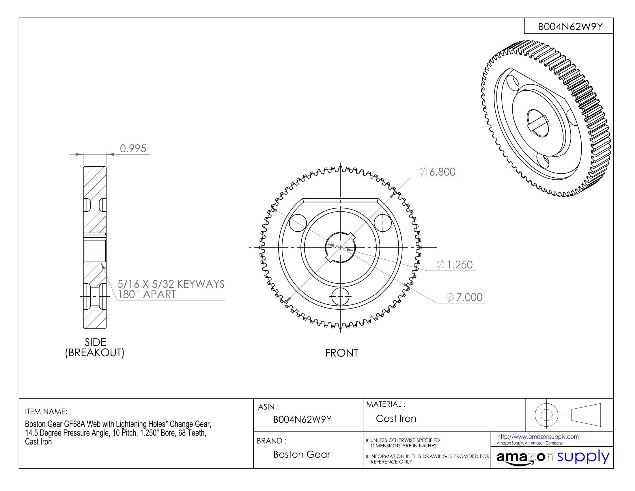 GF68A Lightening Hole Web Change Gear - 14.5° Pressure Angle, 10 Pitch, 1.25