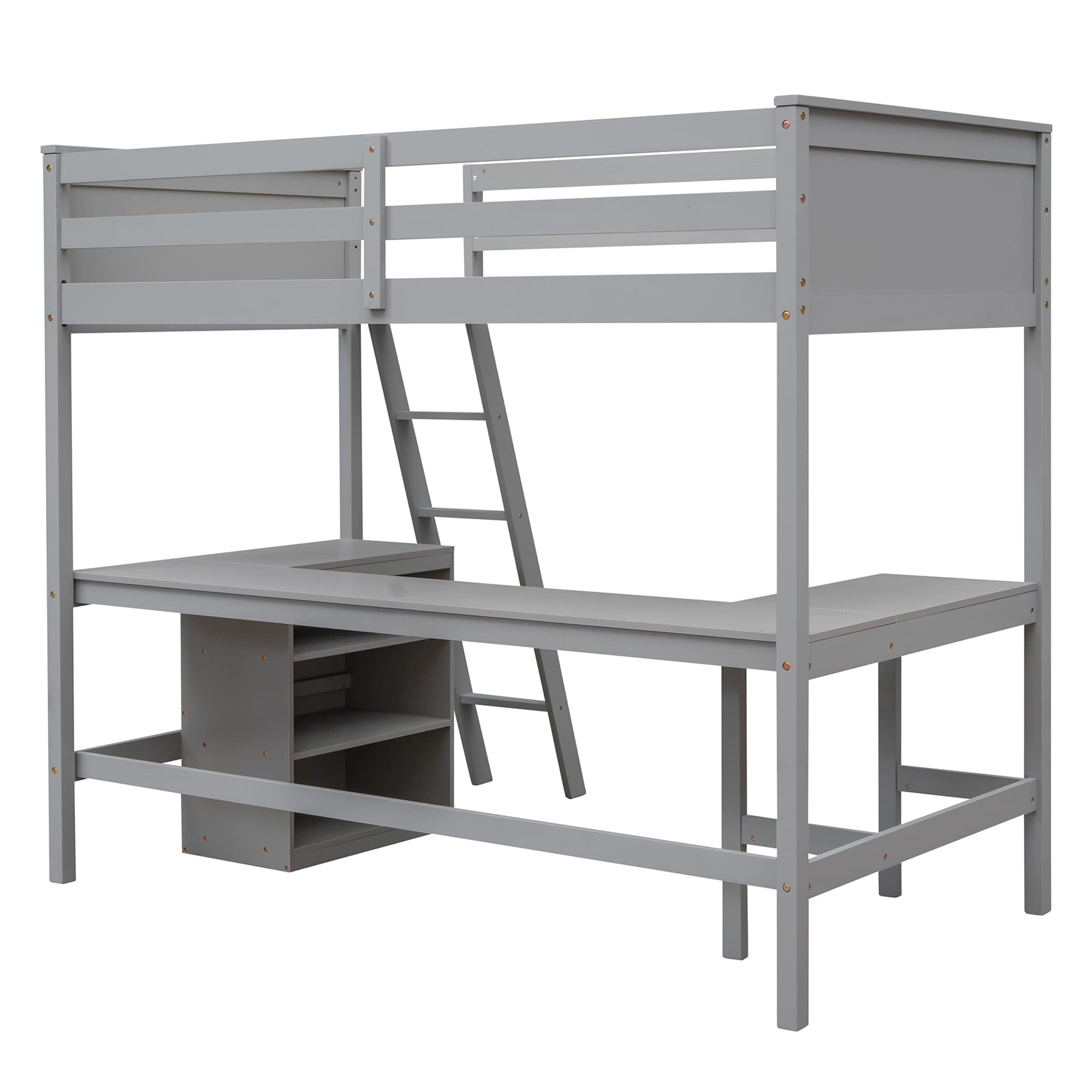 P PURLOVE Twin Loft Bed Frame with Shelves & Desk - Sturdy Wood Loft Bed for Teens, Kids, Boys & Girls - Space-Saving Design with Angled Ladder - No Box Spring Needed (Gray) - Perfect for Small Bedrooms, Dorms & Studio Apartments