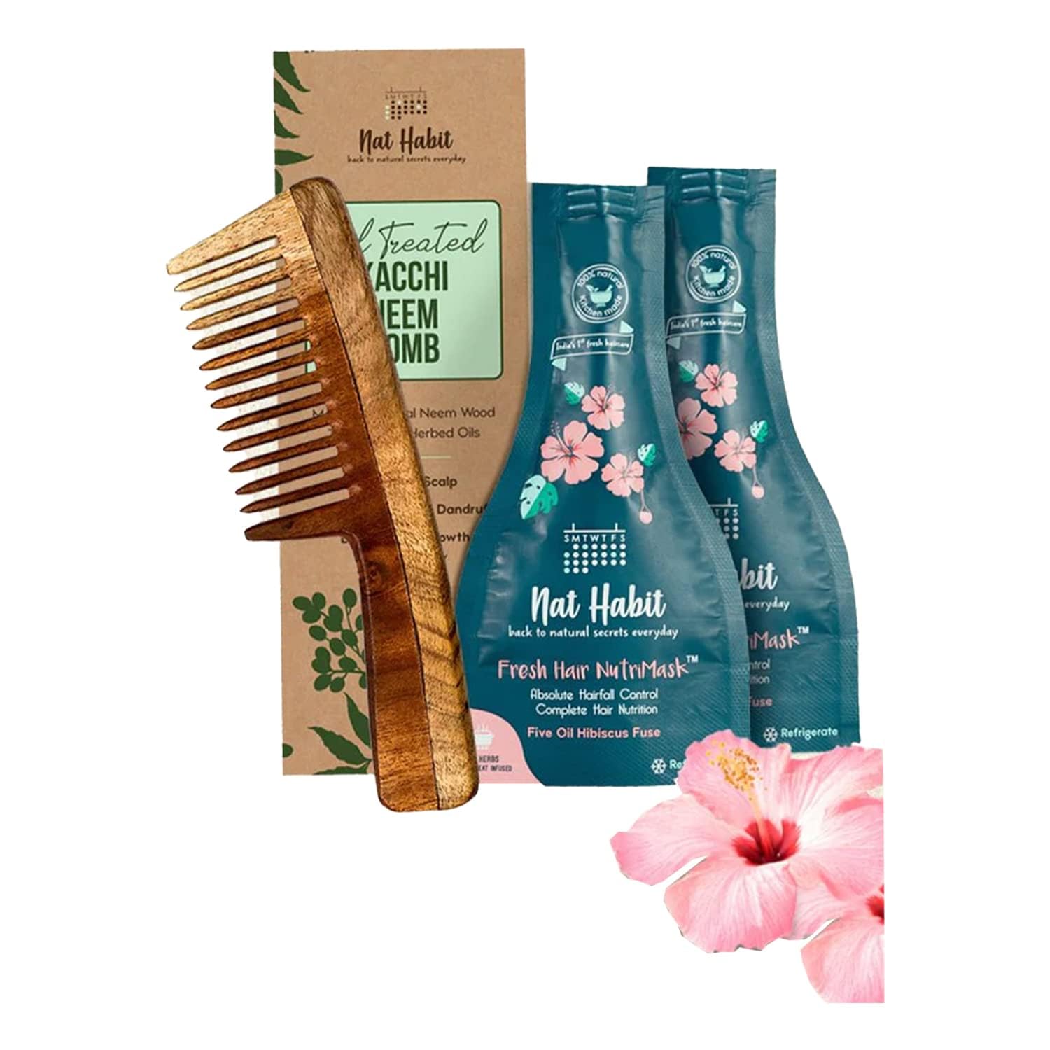 Nat Habit - Natural Wooden Wide Tooth Neem Comb & Hibiscus Hair Mask for Hair Growth, Hair Fall Control & Smoothing (Combo Pack of 3) - Perfect for Daily Hair Care & Scalp Health at Home or Travel