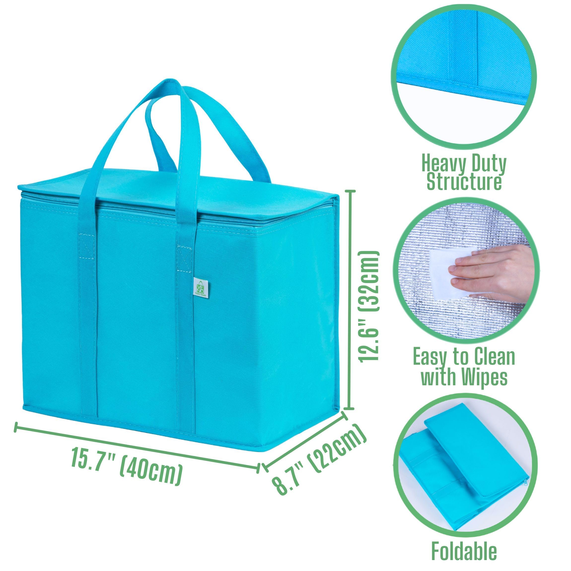 VENO 2 Pack Insulated Cooler Bags for Groceries & Food Delivery - Heavy Duty Collapsible Shopping Bags with Zipper, Foldable & Stands Upright - Perfect for Picnics, Beach Trips & Grocery Shopping (Cyan, 2 Pack)