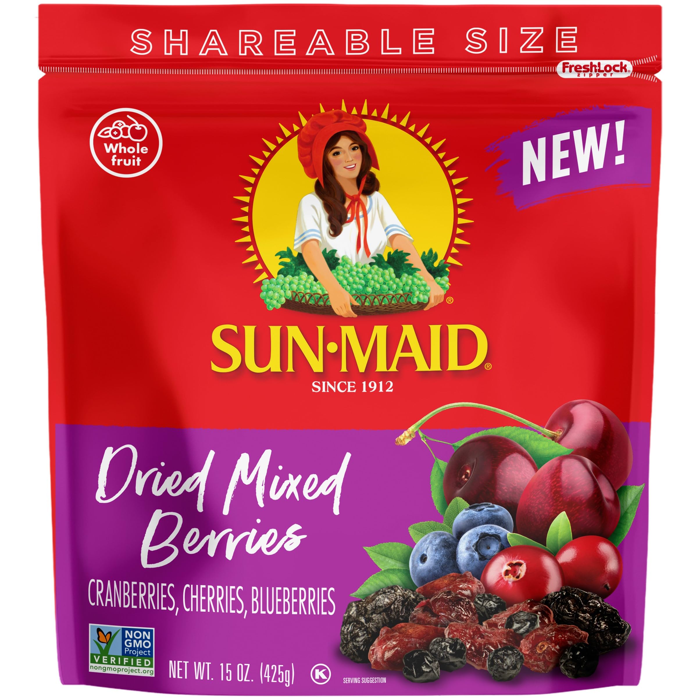 Sun-Maid Mixed Dried Berries - 15oz Resealable Bag with Cranberries, Cherries & Blueberries - Healthy Dried Fruit Snacks for Kids, Baking & Natural Sweetener - Perfect for School Lunches, Trail Mix & Yogurt Toppings