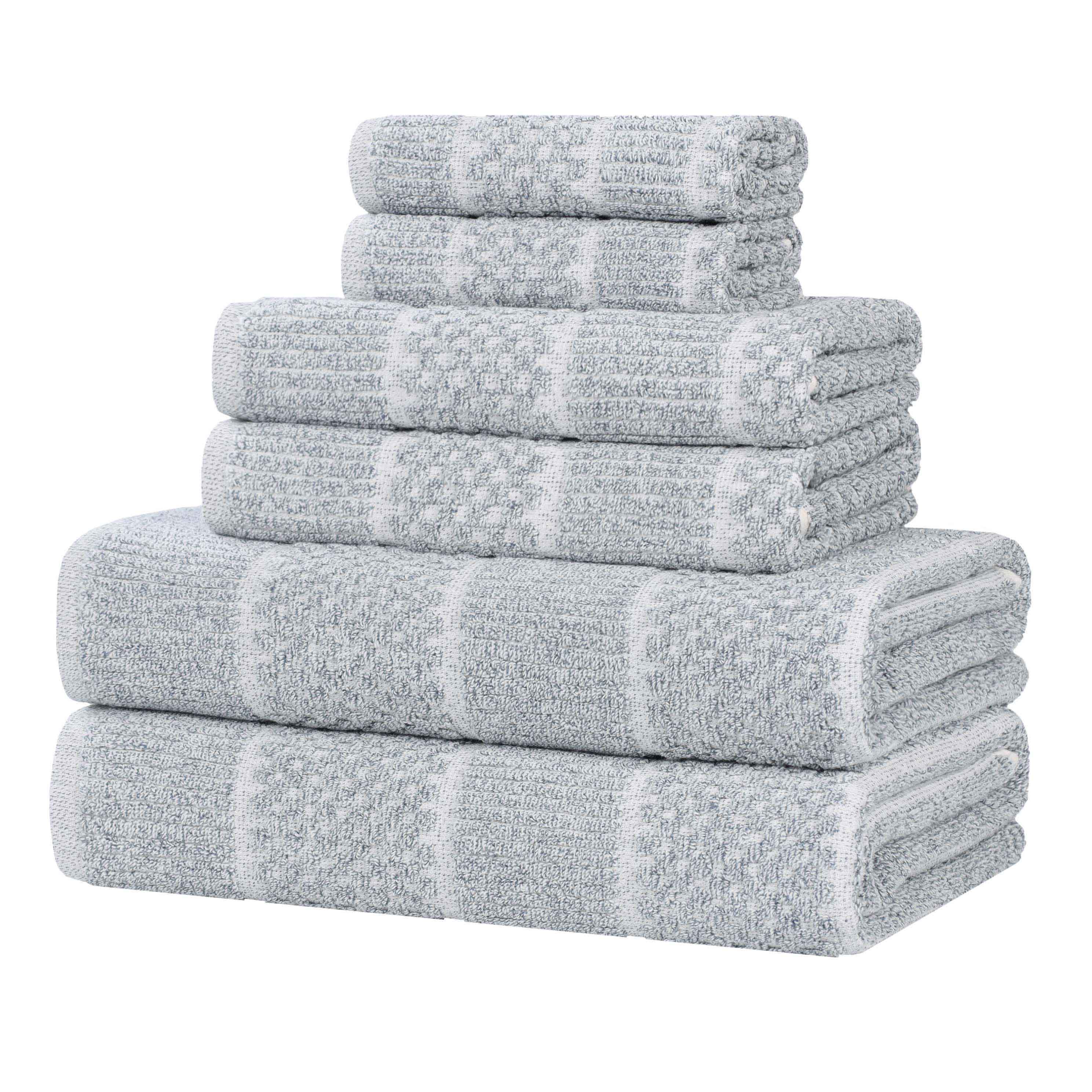 Premium 6-Piece Cotton Blend Towel Set - Medium Weight, Checkered & Ribbed Design - Soft & Absorbent Bath Towels for Spa, Guest Bathroom & Beach Use