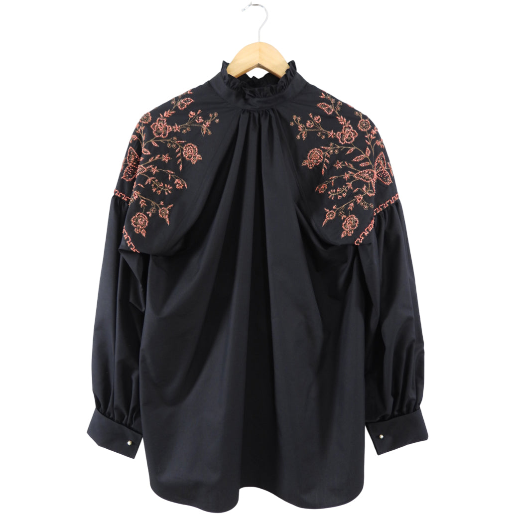 Christian Dior Black Cotton Coral Bead Embroidery Boho Shirt for Women - S/M Size - Perfect for Casual Wear, Beach Outings & Summer Fashion