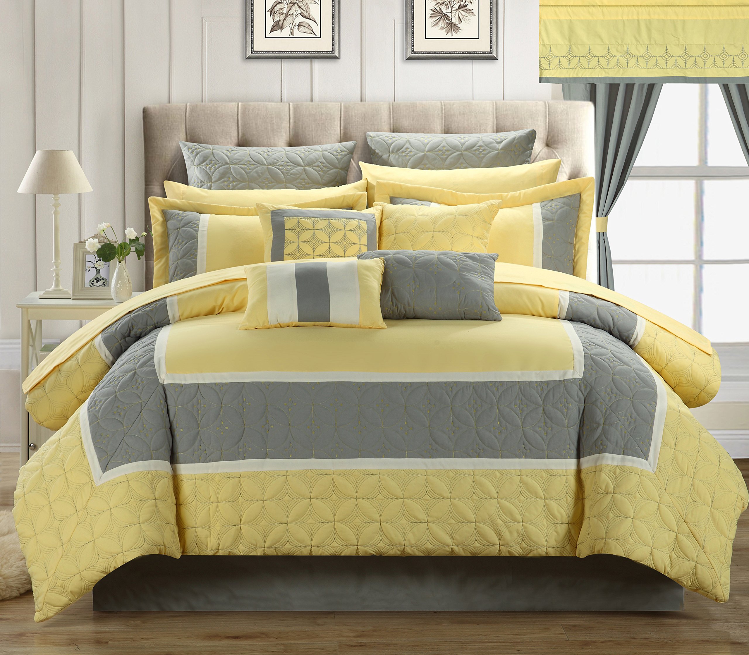 25-Piece Aida Quilted Embroidered Comforter Set - Queen Size 54x84 Inches, Yellow Floral Bedding Set for Master Bedroom | Complete Room Decor with Matching Pillow Shams & Bed Skirt | Perfect for Cozy Home, Guest Room or Dormitory