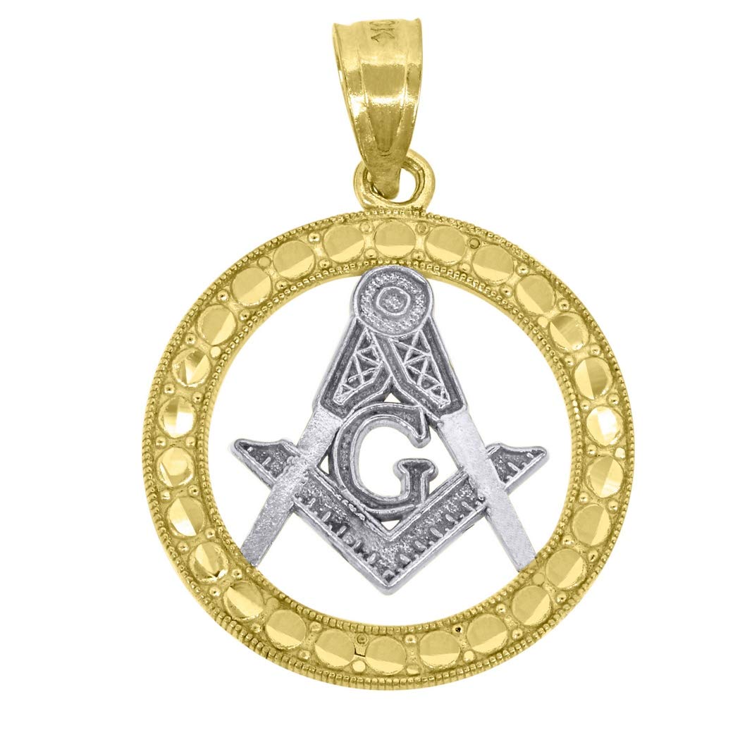 10K Two-Tone Gold Freemason Masonic Charm Pendant Necklace for Men & Women - 22.1x15.60mm Textured Jewelry - Perfect Gift for Masons, Secret Society Members & Collectors - Ideal for Lodge Meetings, Ceremonies & Everyday Wear