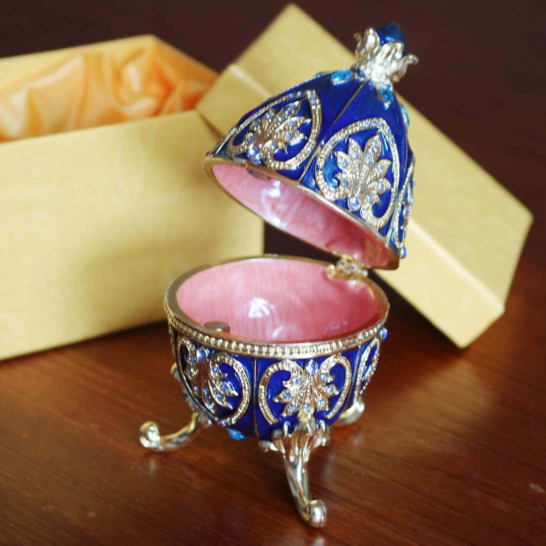 Hand-Painted Crystal Easter Faberge Egg Jewelry Box - Nevsky Romanov Style Hinged Trinket Box for Rings & Small Treasures | Alexander Palace Collection | Elegant Home Decor & Gift Idea for Easter, Weddings & Special Occasions (Blue)