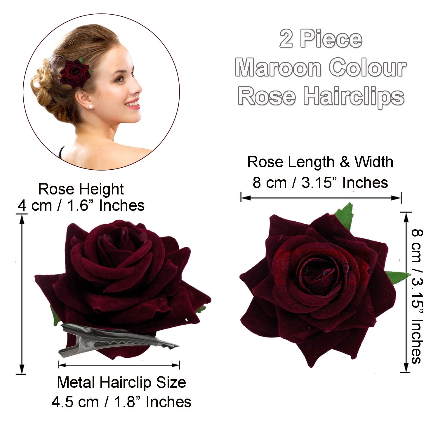 Kidzoo Rose Flower Bridal Hair Clips - 2 Pack Wedding Hair Accessories for Women & Girls | Perfect for Brides, Prom, Formal Events & Special Occasions (Maroon)