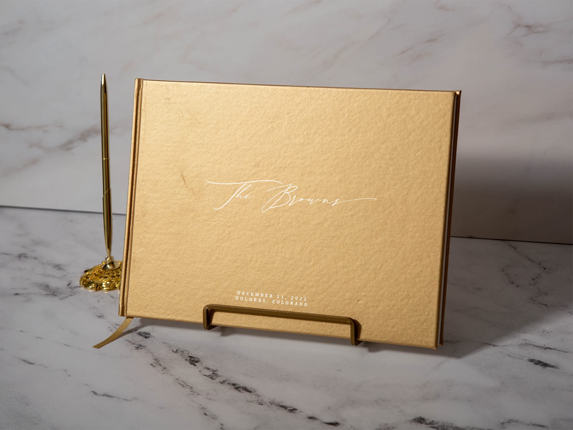 MUJEE Gold Guest Book - Custom Wedding Guestbook, Birthday Party Sign In Book, Event Memory Book with Bookmark & Blank Pages (11.5