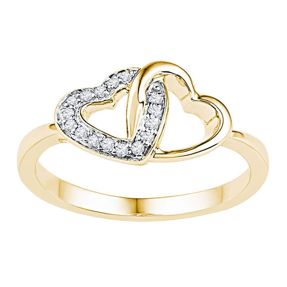 10K Yellow Gold Women's Round Diamond Double Locked Heart Ring - 1/12 Cttw, Elegant Valentine's Day Gift, Anniversary Jewelry for Her, Perfect for Romantic Occasions