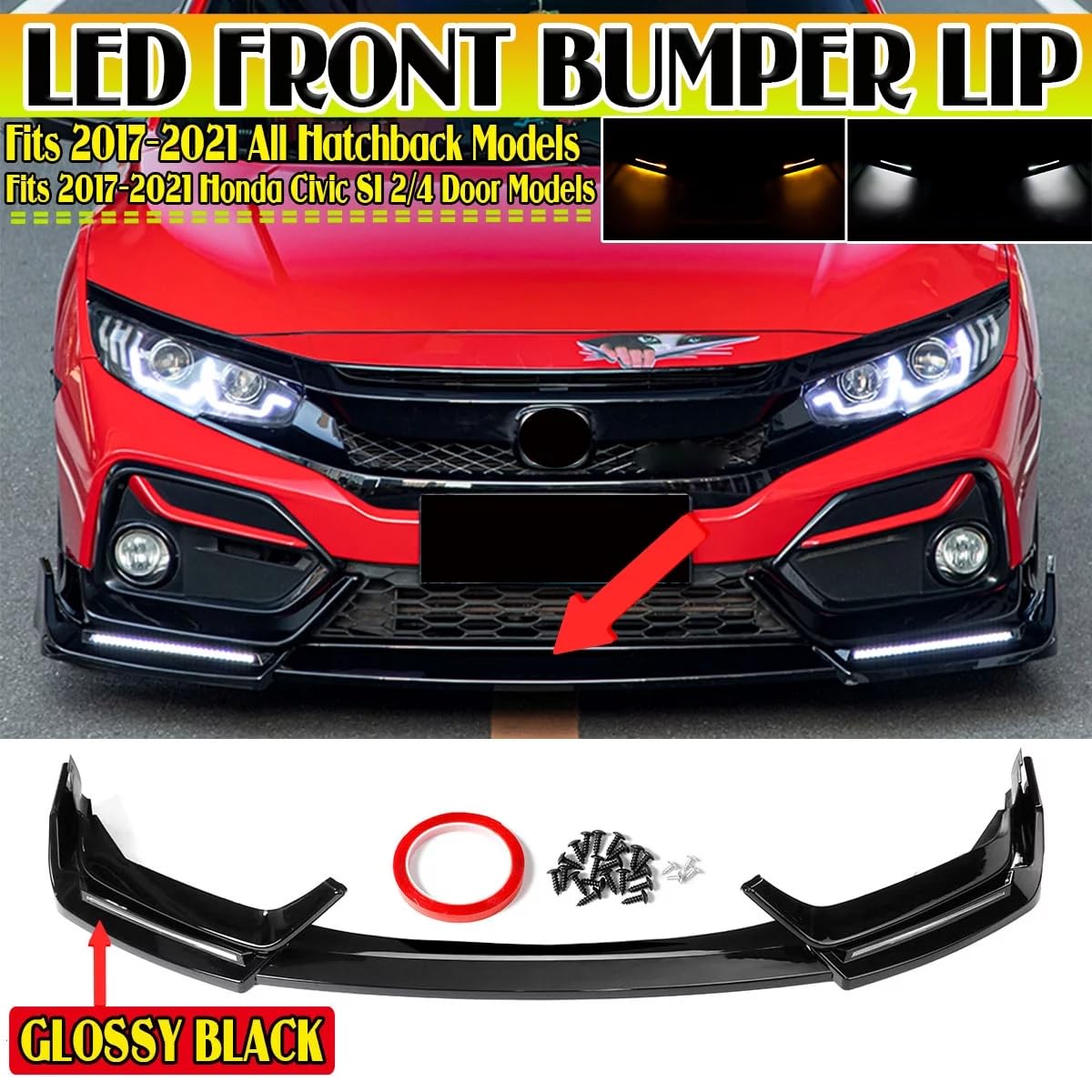 Glossy Black Front Bumper Lip with LED Daytime Running Lights - Compatible with 2016-2021 Honda Civic Hatchback & Si | Air Dam Spoiler Splitter for Enhanced Style & Visibility | Perfect for Street Racing & Car Customization