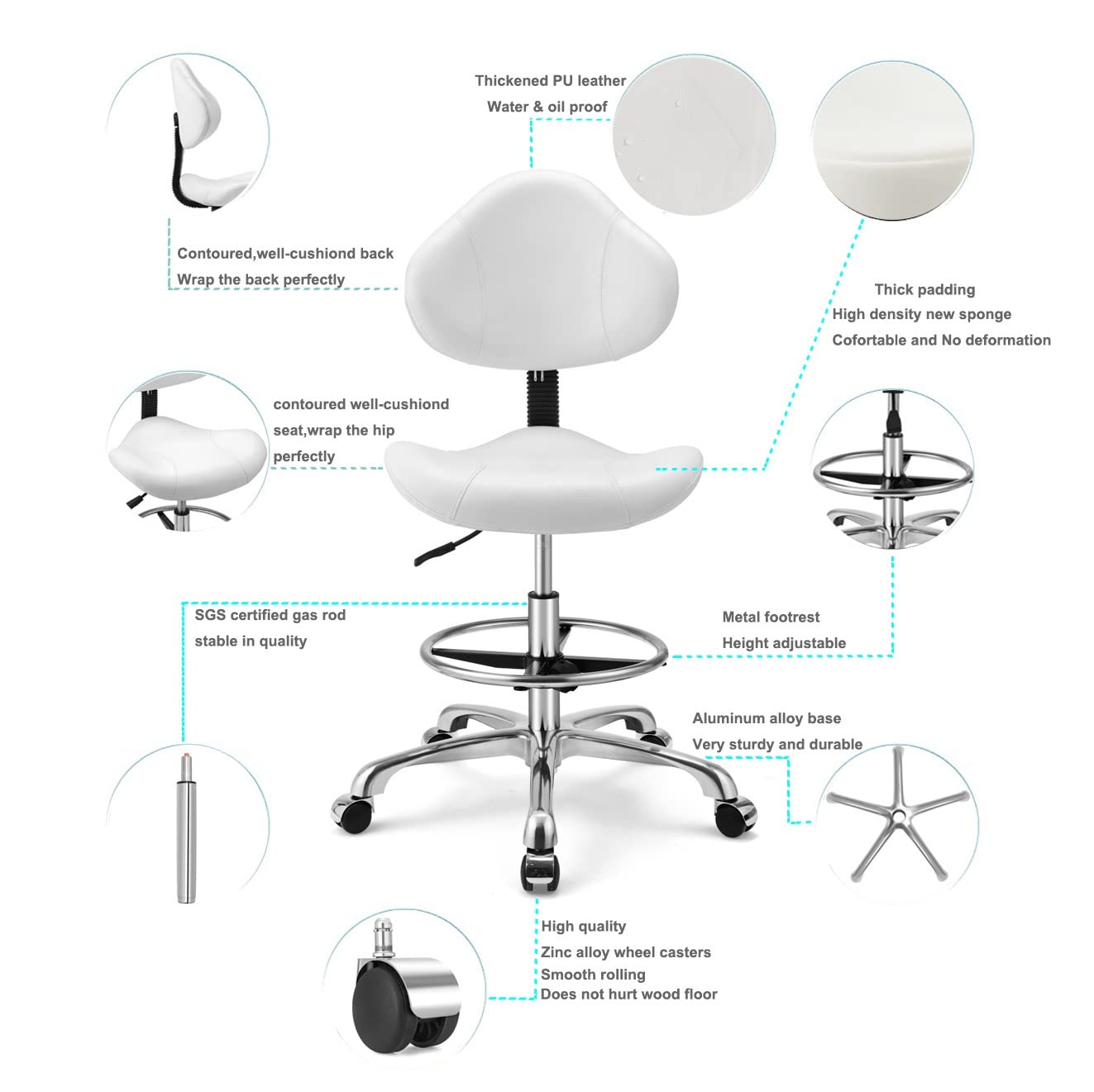 Ergonomic Drafting Chair with Lumbar Support - Adjustable Height Swivel Rolling Stool for Home Office, Studio & Craft Room - White Multi-Functional Desk Chair for Artists, Architects & Designers