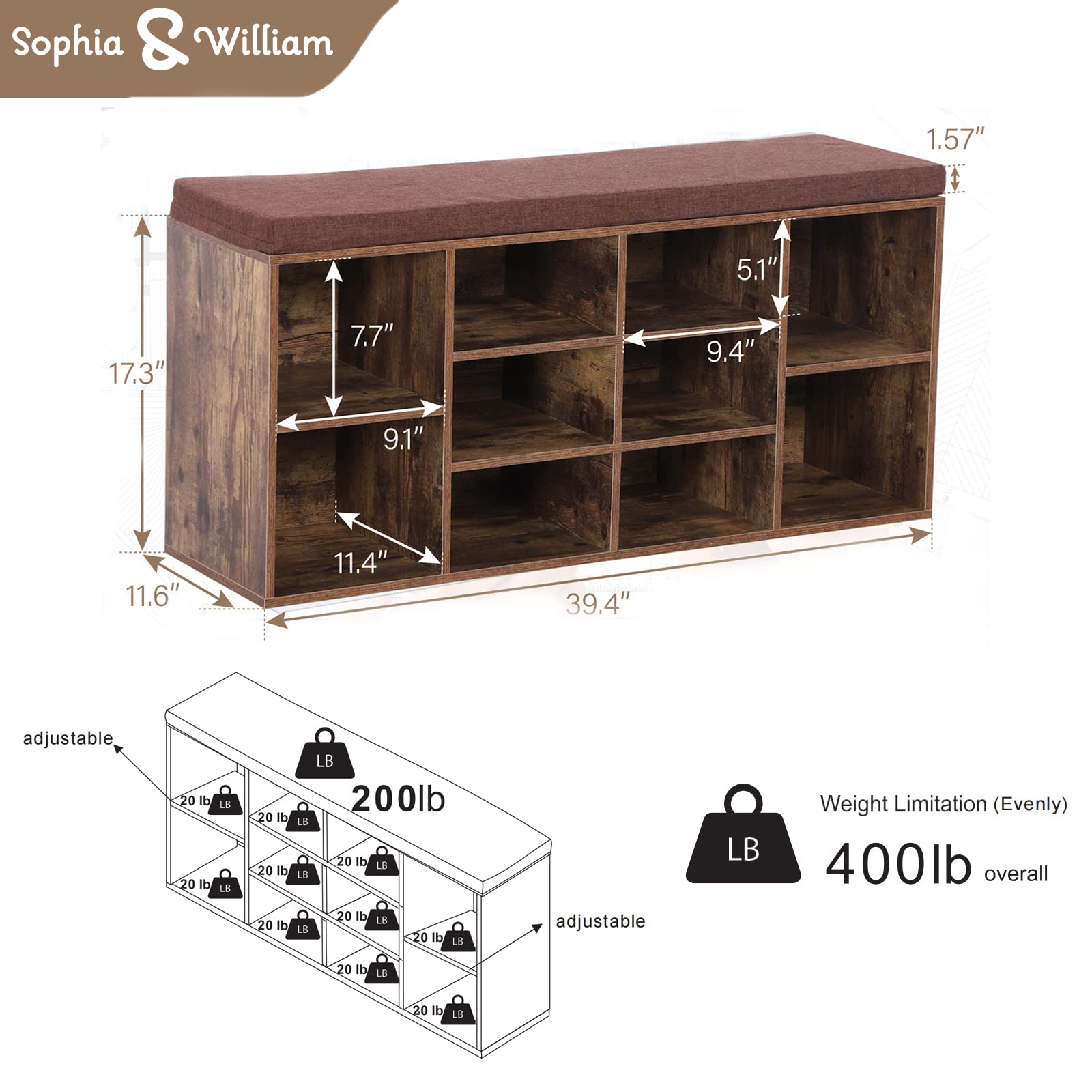 Sophia & William Rustic Brown Shoe Bench with Cushion - 8 Compartment Entryway Storage Bench, Freestanding Shoe Cabinet with Adjustable Shelves (400 lbs Capacity) - Perfect for Mudroom, Hallway & Home Organization