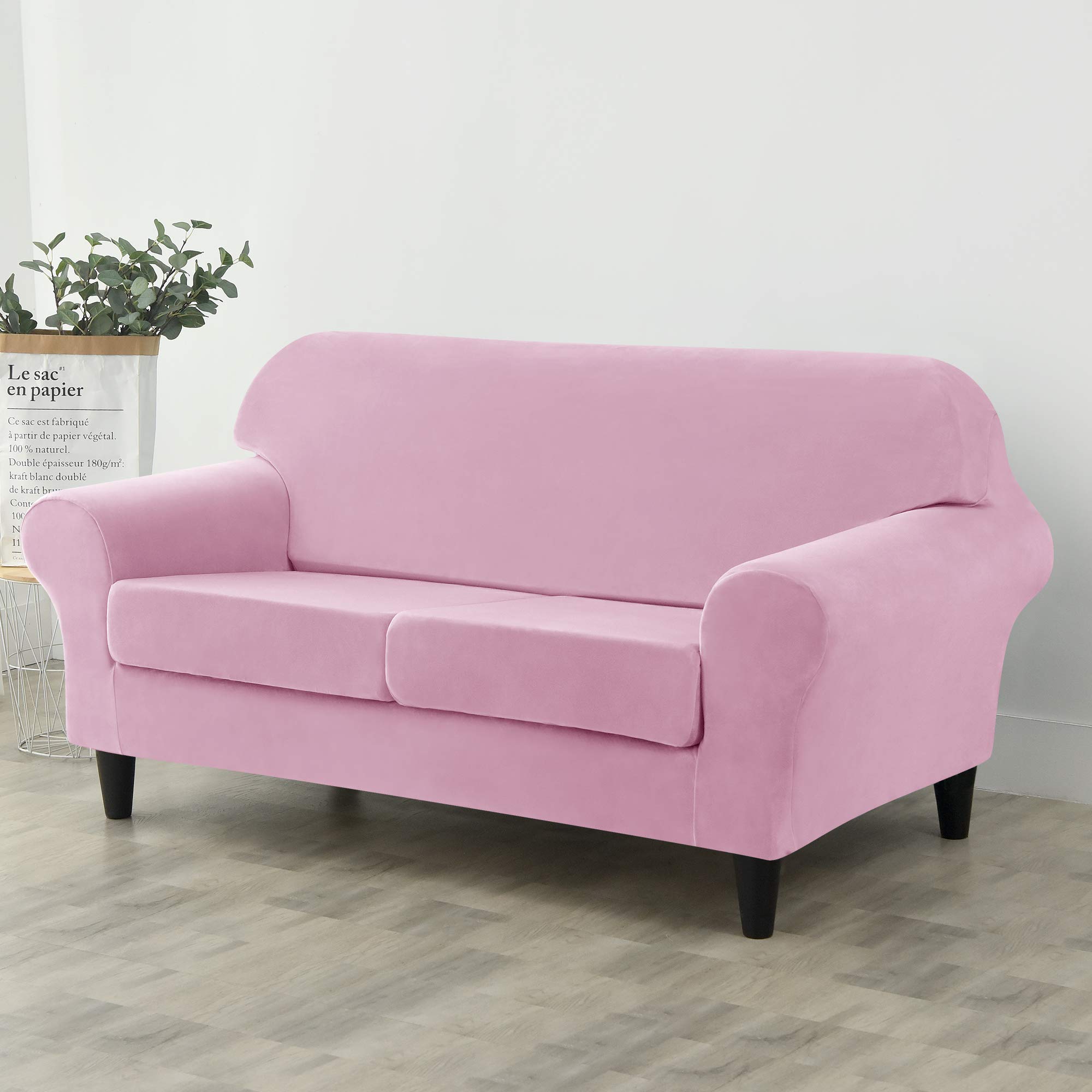 Ultra Soft Velvet Stretch Sofa Slipcover - Pet & Kid Friendly Furniture Protector for Couches & Chairs (Pink, Medium Size) | Perfect for Living Rooms, Family Rooms & Home Decor