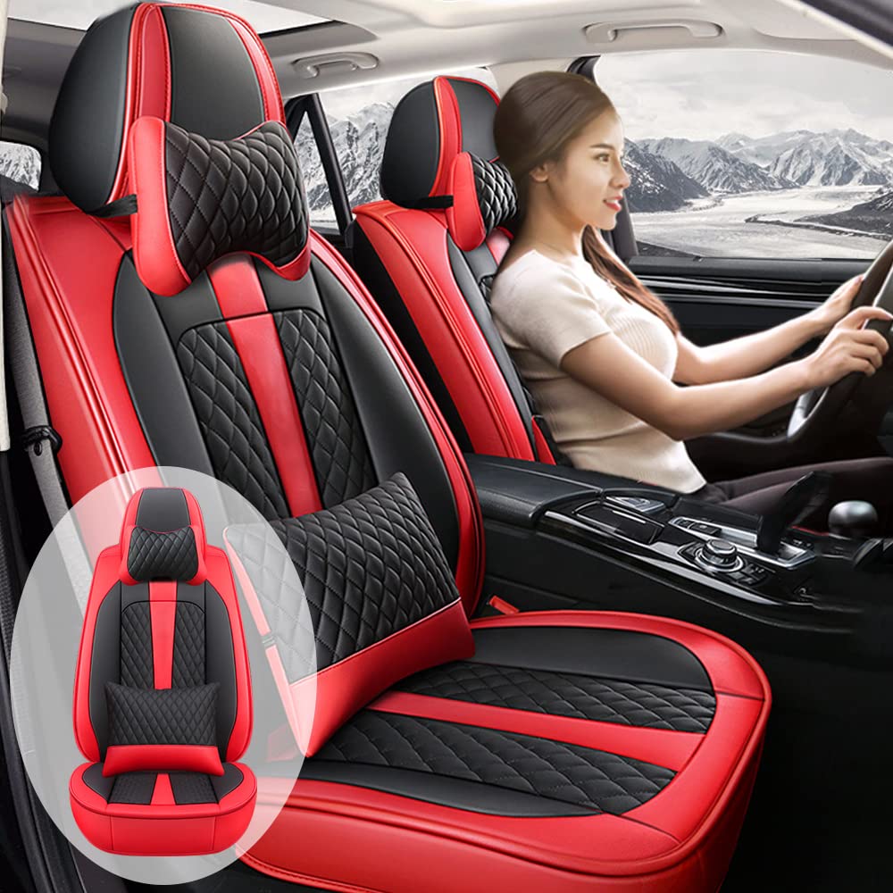 Premium Genuine Leather Car Seat Covers for Infiniti Q50 Q60 - Waterproof, Scratch-Resistant, Non-Slip Design with Airbag Compatibility (Full Set, Black/Red) - Perfect for Luxury Car Protection & Style Enhancement