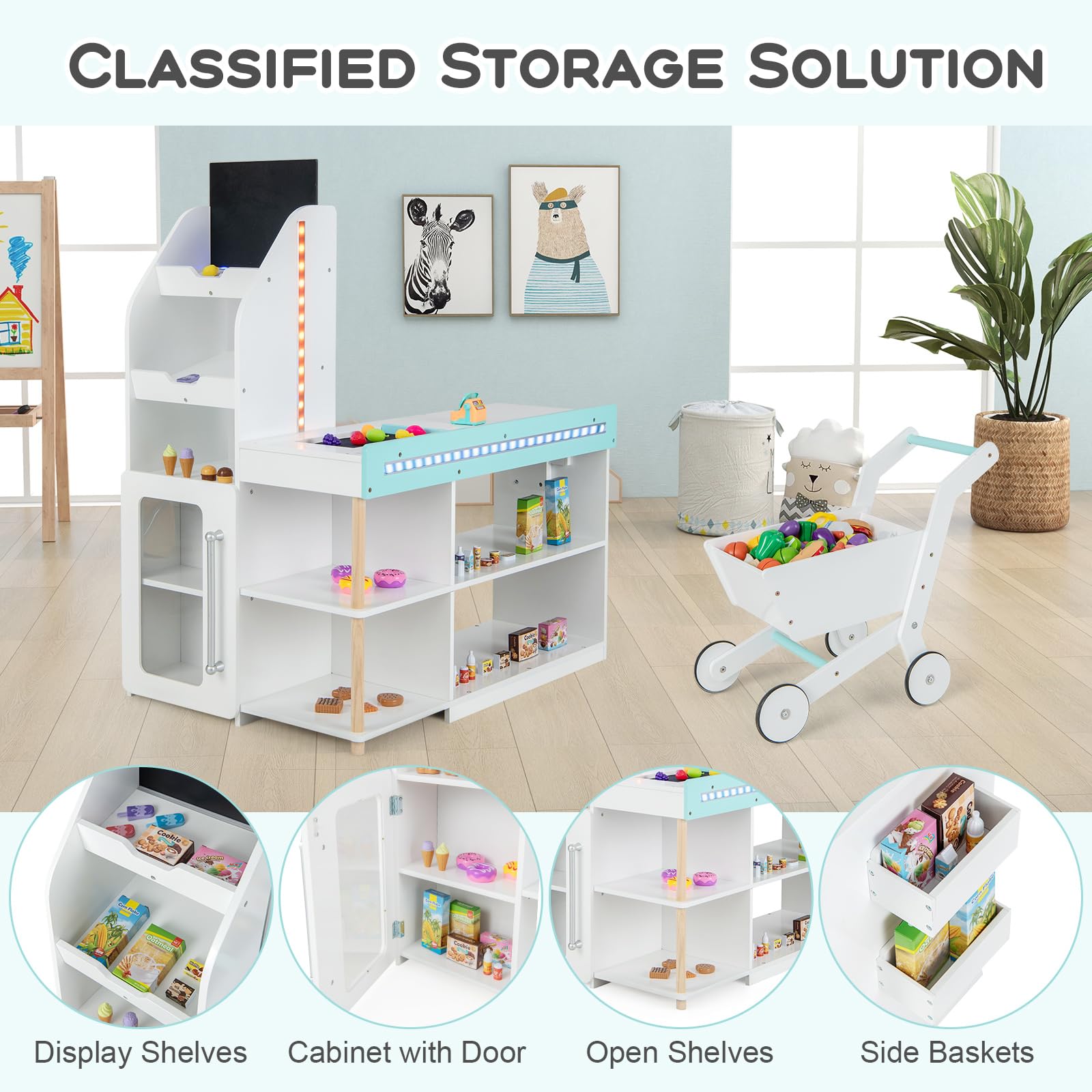 Costzon Wooden Pretend Play Grocery Store with Light, Shopping Cart, Cash Register & Vending Machine - Supermarket Playset with Chalkboard for Kids - Perfect Gift for Boys & Girls - Fun Role-Playing & Learning Toy for Home & Classroom