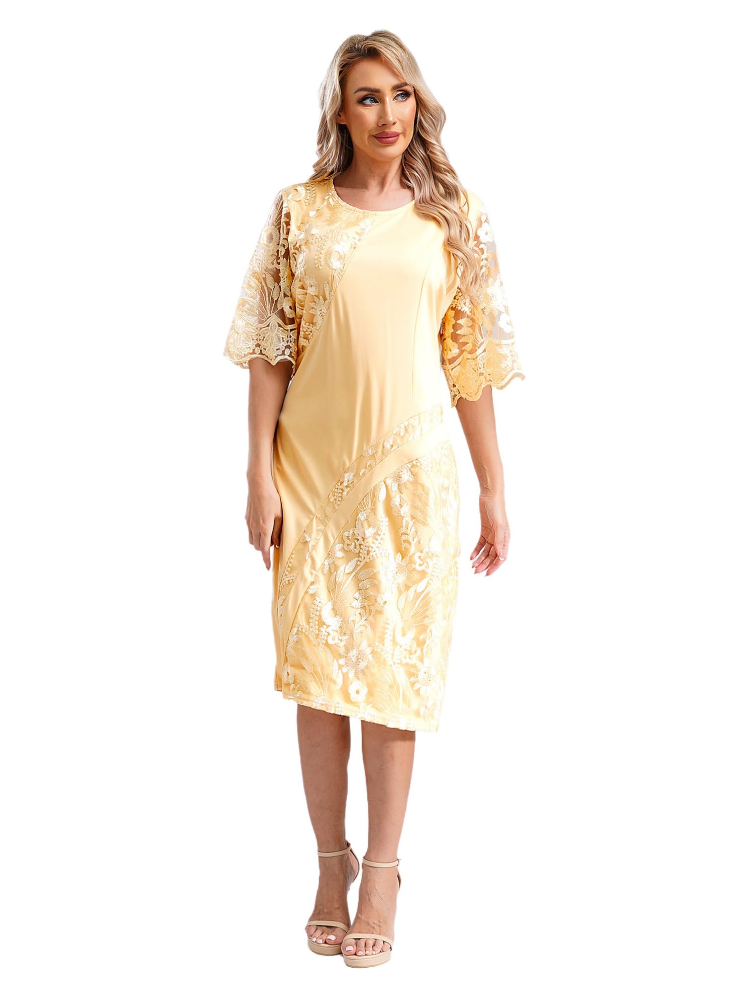 Plus Size Women's Short Sleeve Lace Embroidery Bodycon Dress for Evening, Prom, Party & Special Occasions | Elegant Midi Pencil Dress for Curvy Figures | Perfect for Cocktail Events, Date Nights & Formal Gatherings