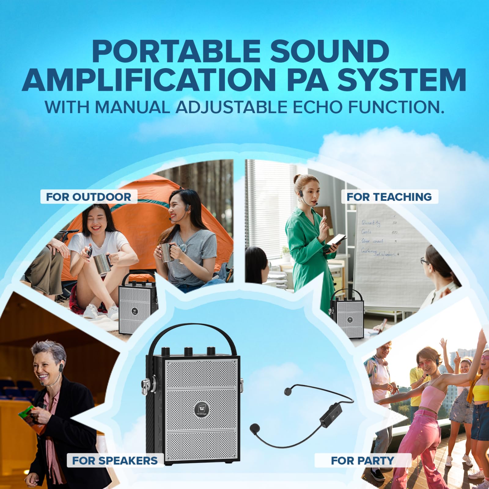 Bluetooth 5.3 Voice Amplifier with Wireless Microphone Headset - 40W Portable Megaphone PA System for Teachers, Classrooms, Speeches & Outdoor Events | Ideal for Lectures, Presentations, and Public Speaking