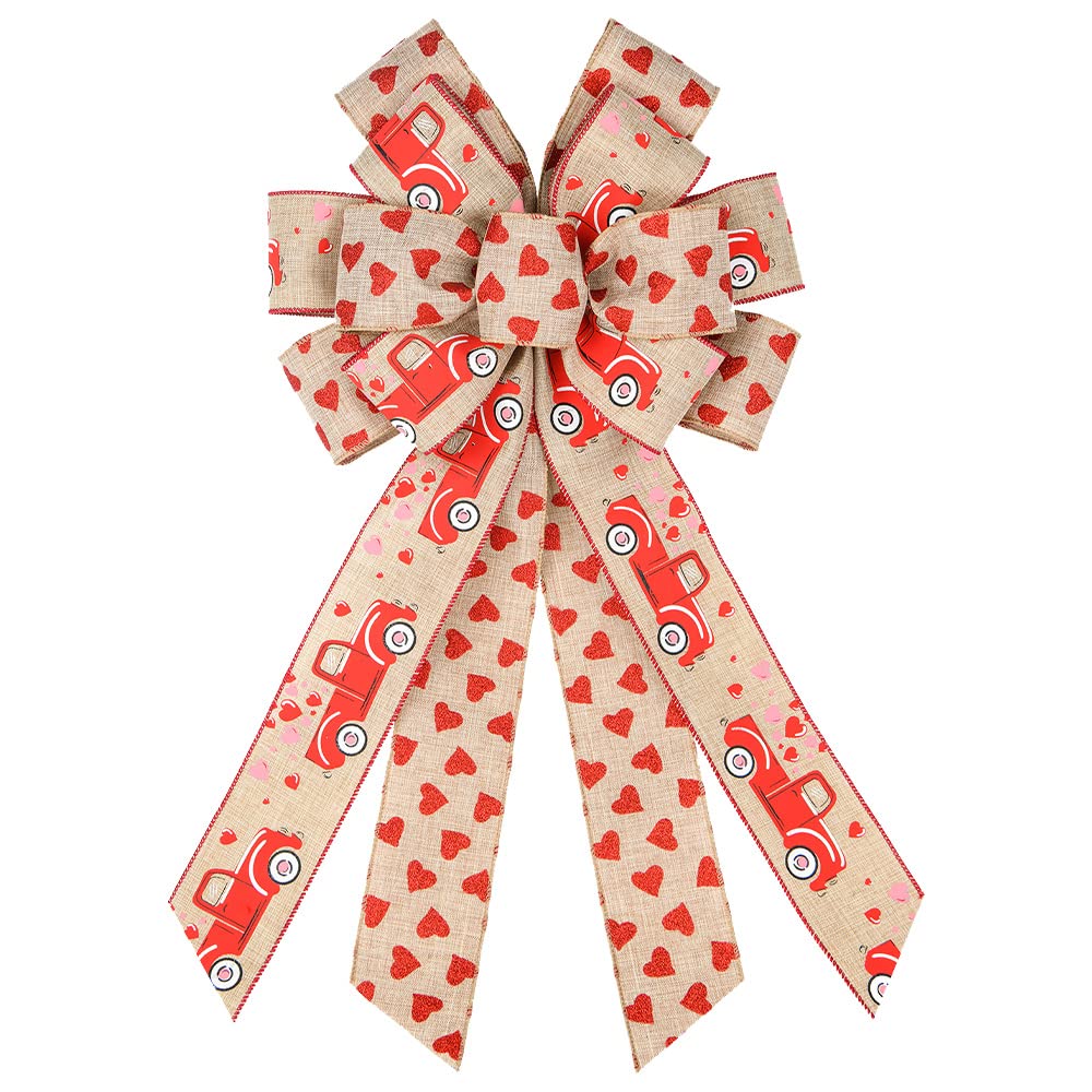 Valentine's Day Heart Wreath Bows - Red Glitter Truck Bows for Front Door Decor, Indoor Outdoor Holiday Wedding Party Tree Ornaments - Perfect for Valentine's Decor, Christmas Wreath Accents & Anniversary Party Decorations