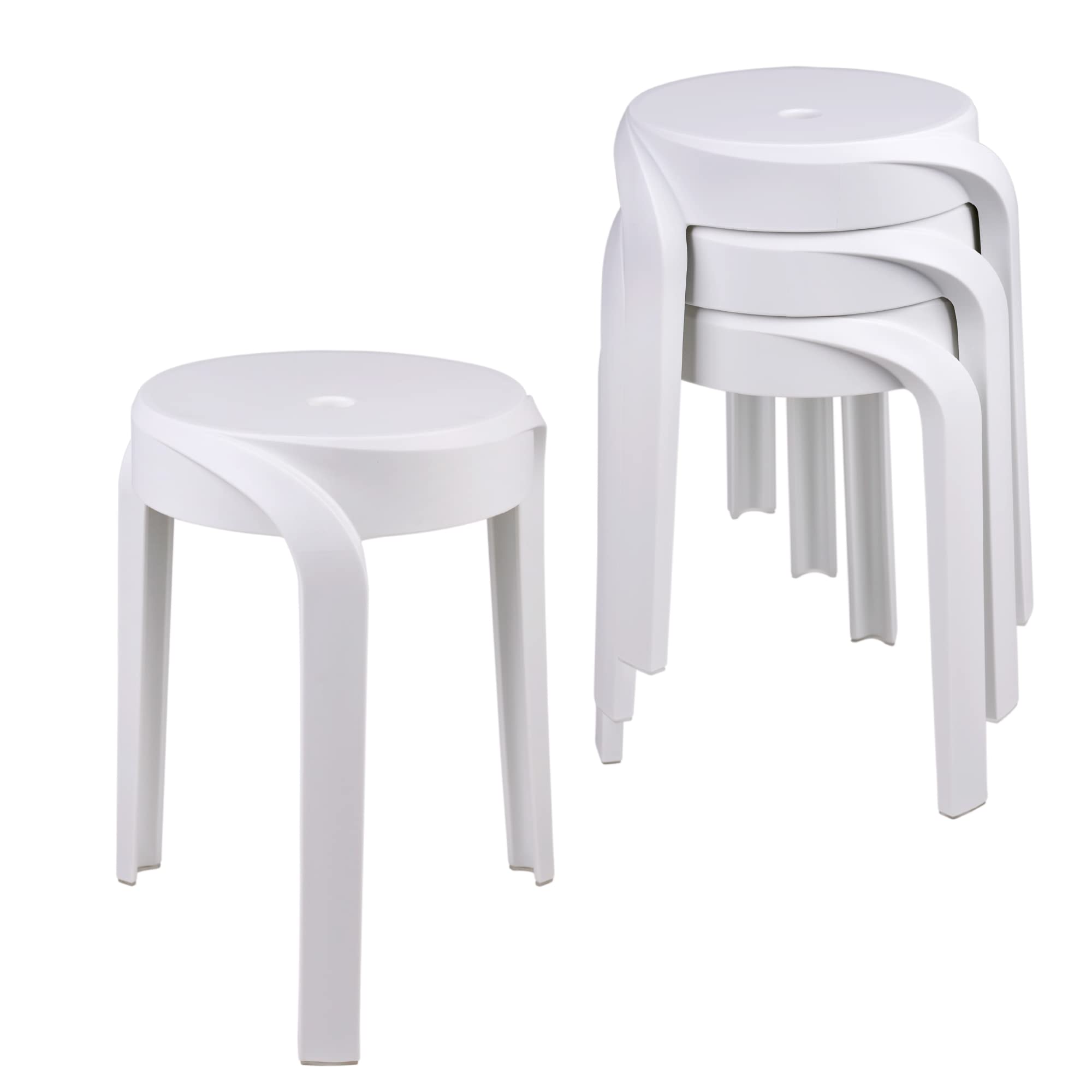 MITLOXX 17.7 Inch Modern Plastic Stools (Set of 4) - Round Stackable Chairs with Unique Whirl Design, Waterproof for Indoor & Outdoor Use - Perfect for Home, Office, Classroom, Shower, Patio, and Garden (White)