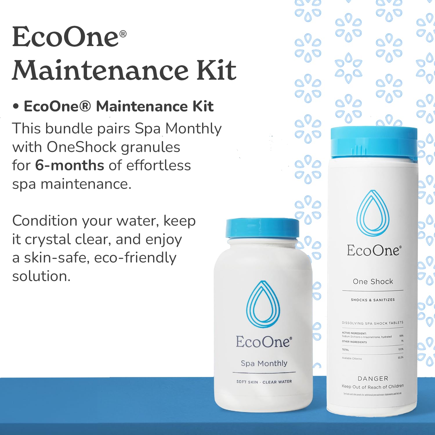 EcoOne Hot Tub Chemical Maintenance Kit - Spa Shock & Conditioner Set with Chlorine Granular & Monthly Conditioner - 6 Month Supply for Crystal Clear Water - Perfect for Backyard Relaxation & Hydrotherapy