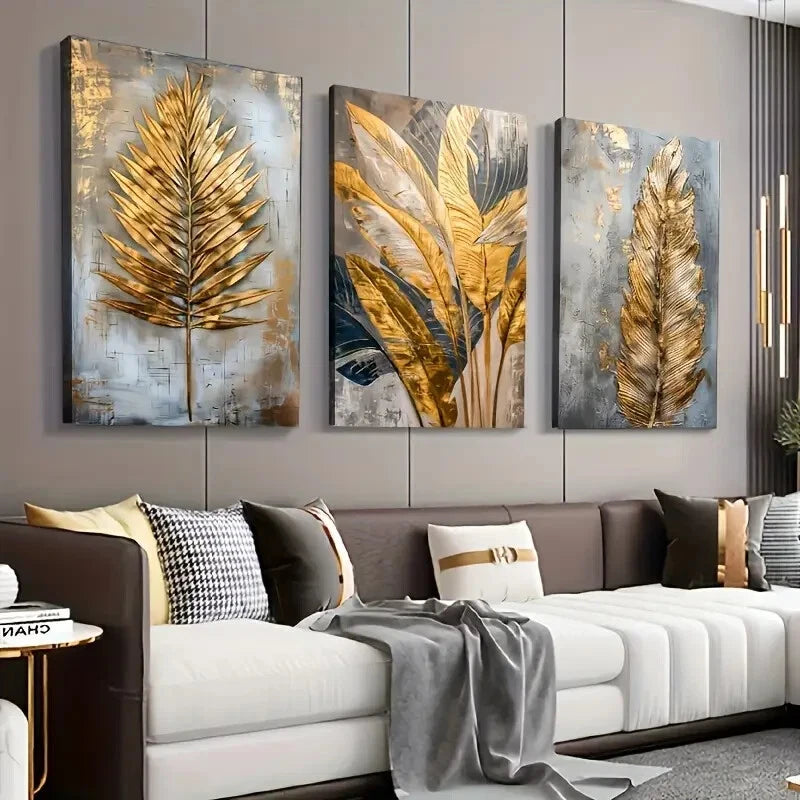 3-Piece Golden Leaf & Feather Wall Art Set - Framed Canvas 40x60cm - High Quality Print - 100% Australian Made - Ready to Hang - Perfect for Living Room, Bedroom & Office Decor
