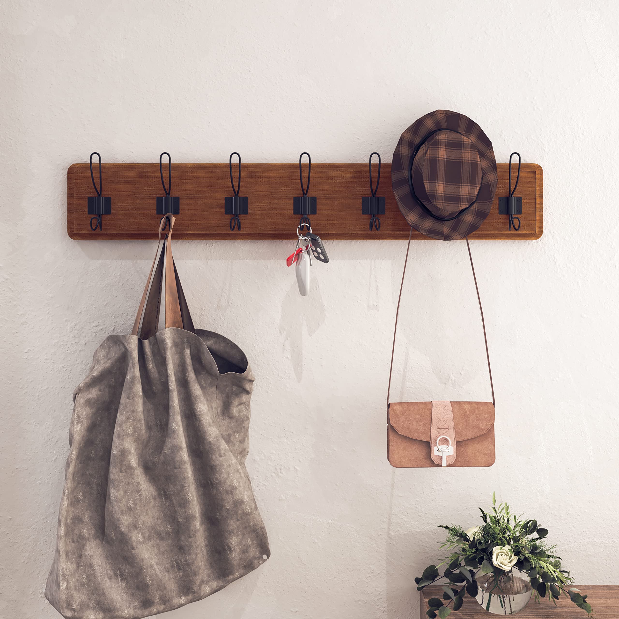 Rustic Brown Solid Wood Wall Mounted Coat Rack with Shelf - 7 Hooks, 34