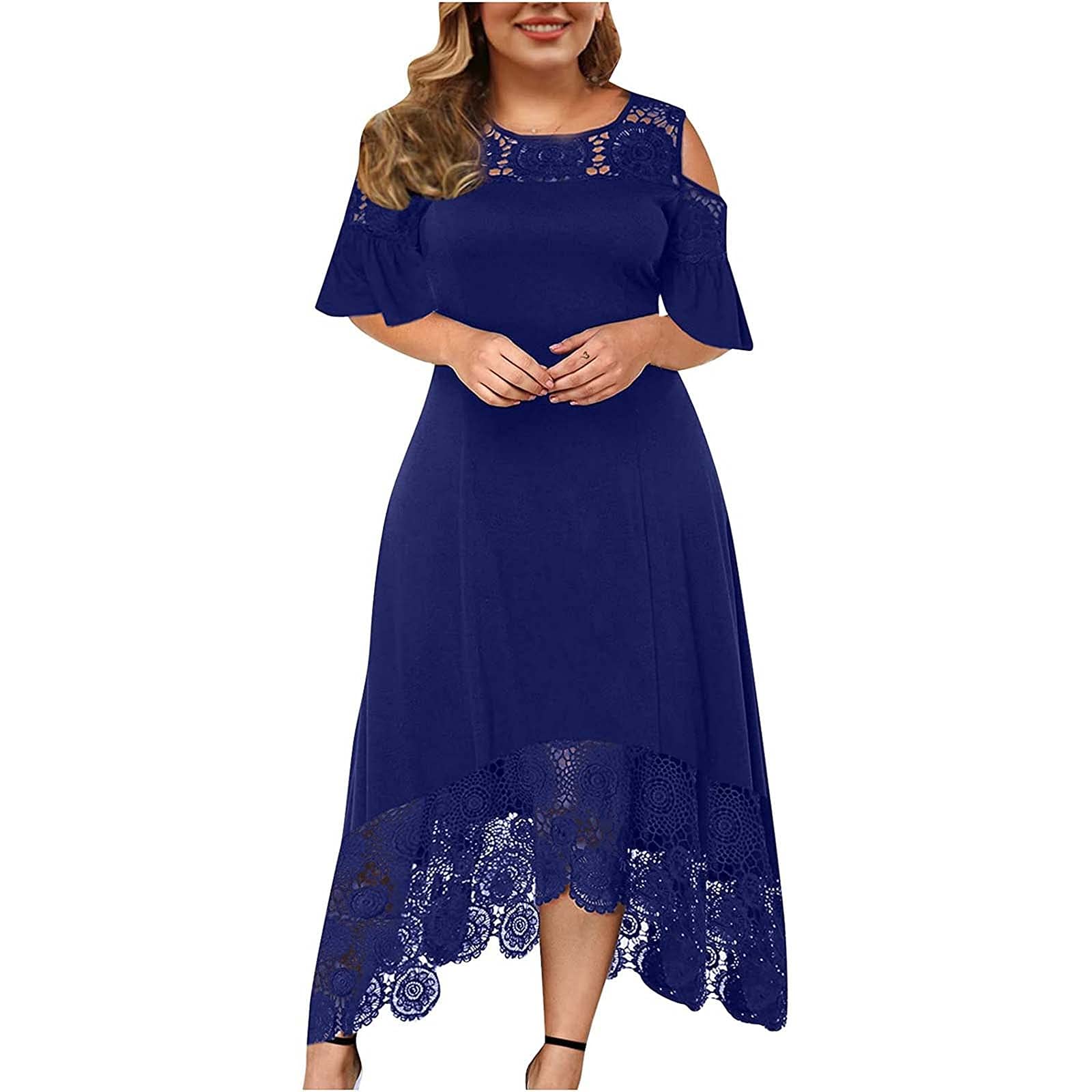 MOBCTG Plus Size Wedding Guest Dresses for Women - Elegant Lace Stitching Ruffle Short-Sleeved Strapless Dress in Sizes L-5XL | Perfect for Weddings, Parties & Special Occasions