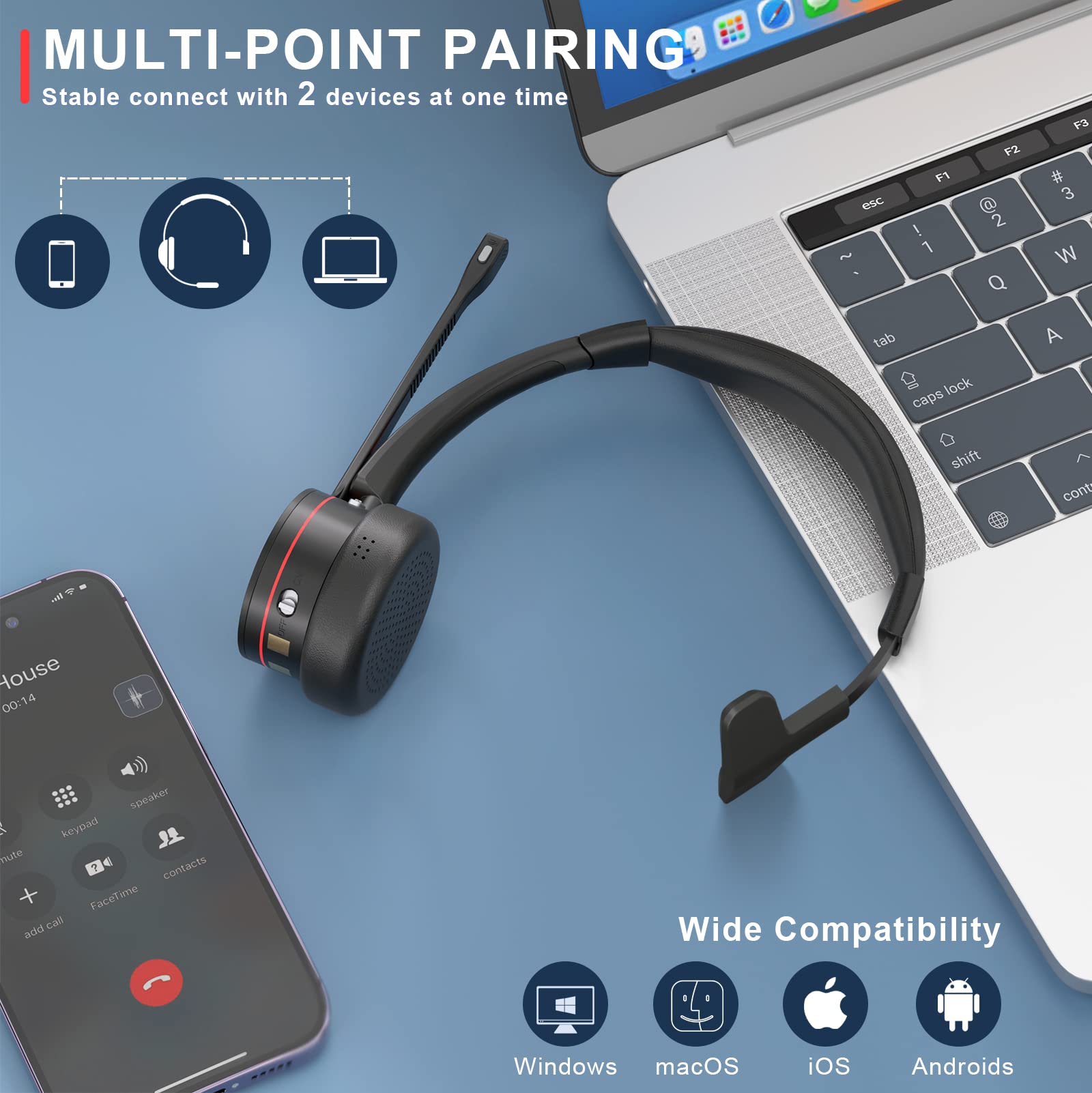 MAIRDI Wireless Bluetooth Headset with Microphone - 5.2 Noise Canceling Headphones for PC, Truck Drivers, Office & Call Centers - 40H Playtime - Compatible with Teams, Skype, Zoom, Jabber - Perfect for Remote Work, Online Meetings & Hands-Free Calling
