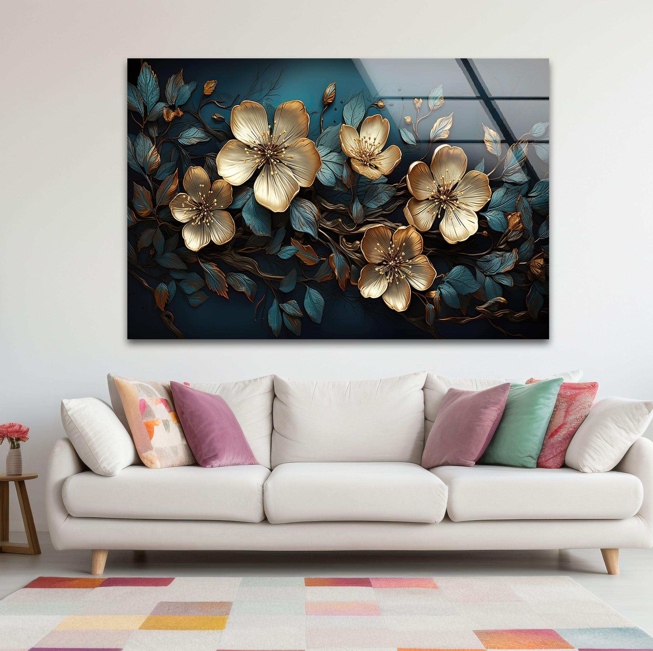 Beige & Blue Botanical Glass Wall Art - Elegant Home Decor for Living Room, Bedroom & Office - Perfect Gift for Housewarming & Wedding