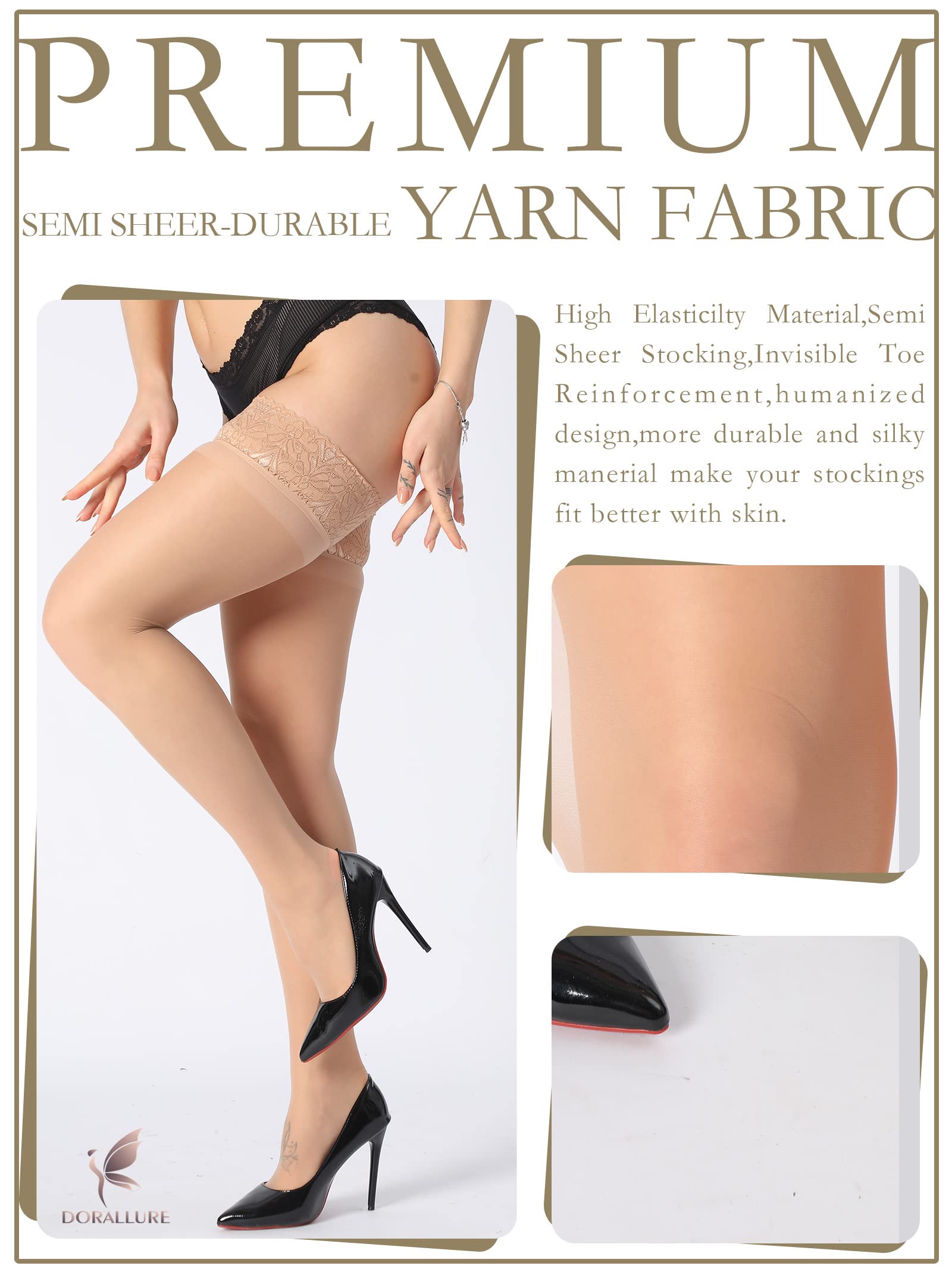 DORALLURE Women's Thigh High Stockings - Silicone Lace Top Stay-Up Silky Semi-Sheer Pantyhose | Comfortable Nylon Hold-Up Stockings for Everyday Wear, Date Night & Office Outfits