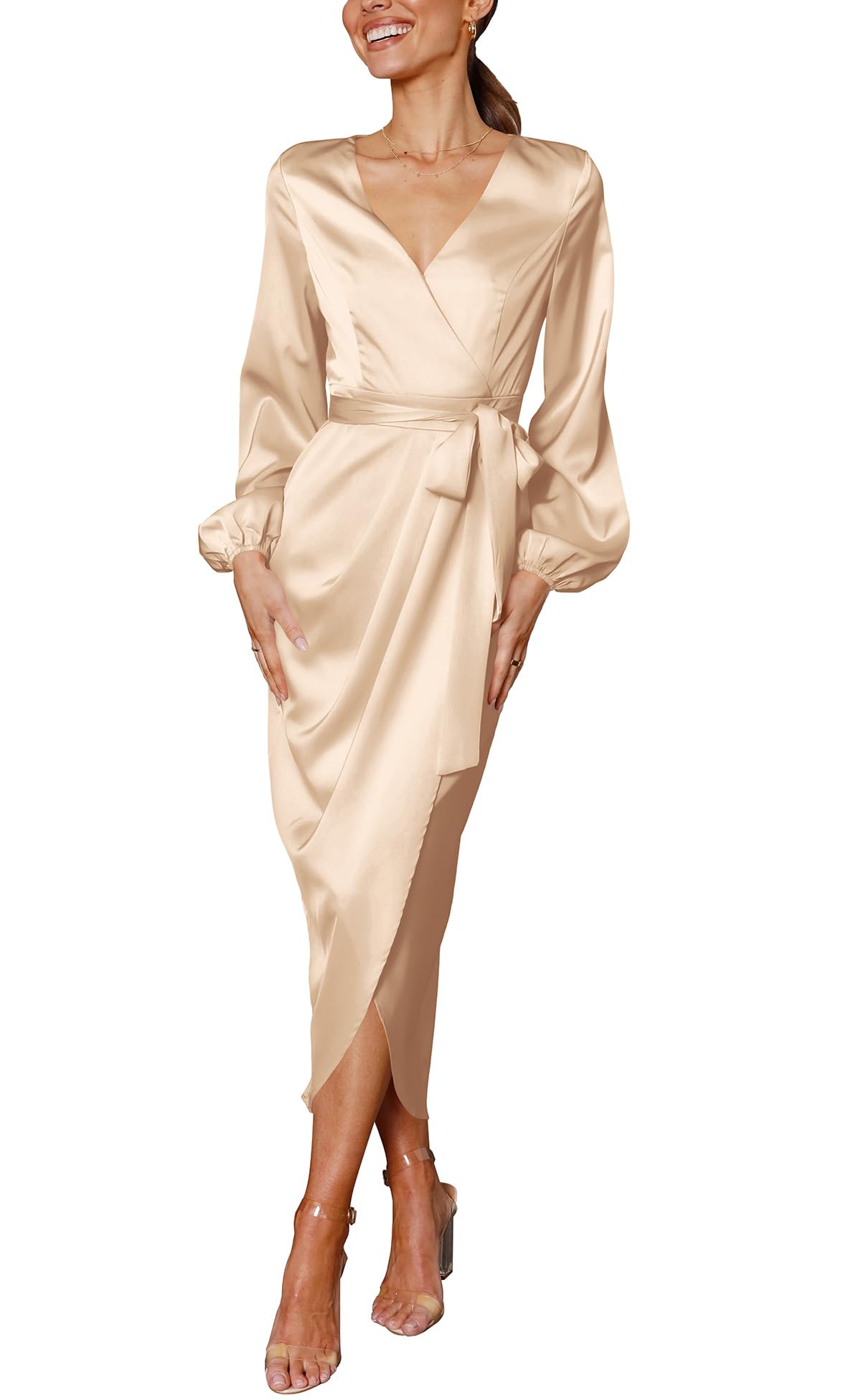 Elegant Women's Long Sleeve V-Neck Tie Waist Split Formal Cocktail Dress for Wedding Guest, Party, Evening Gala & Special Occasions