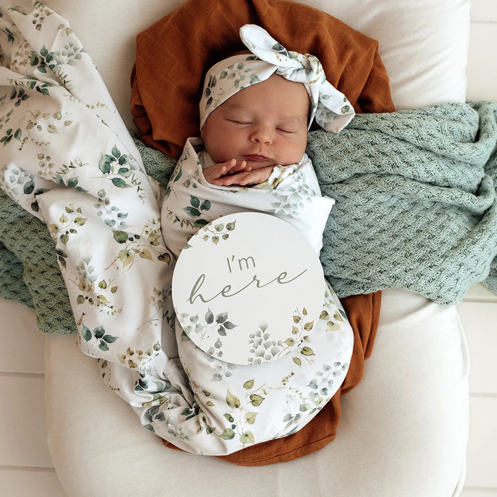 Snuggle Hunny Baby Jersey Wrap & Topknot Set - Soft Cotton Newborn Swaddle Blanket & Headband Outfit for Girls - Perfect for Photography, Baby Shower Gifts & Nursery Essentials