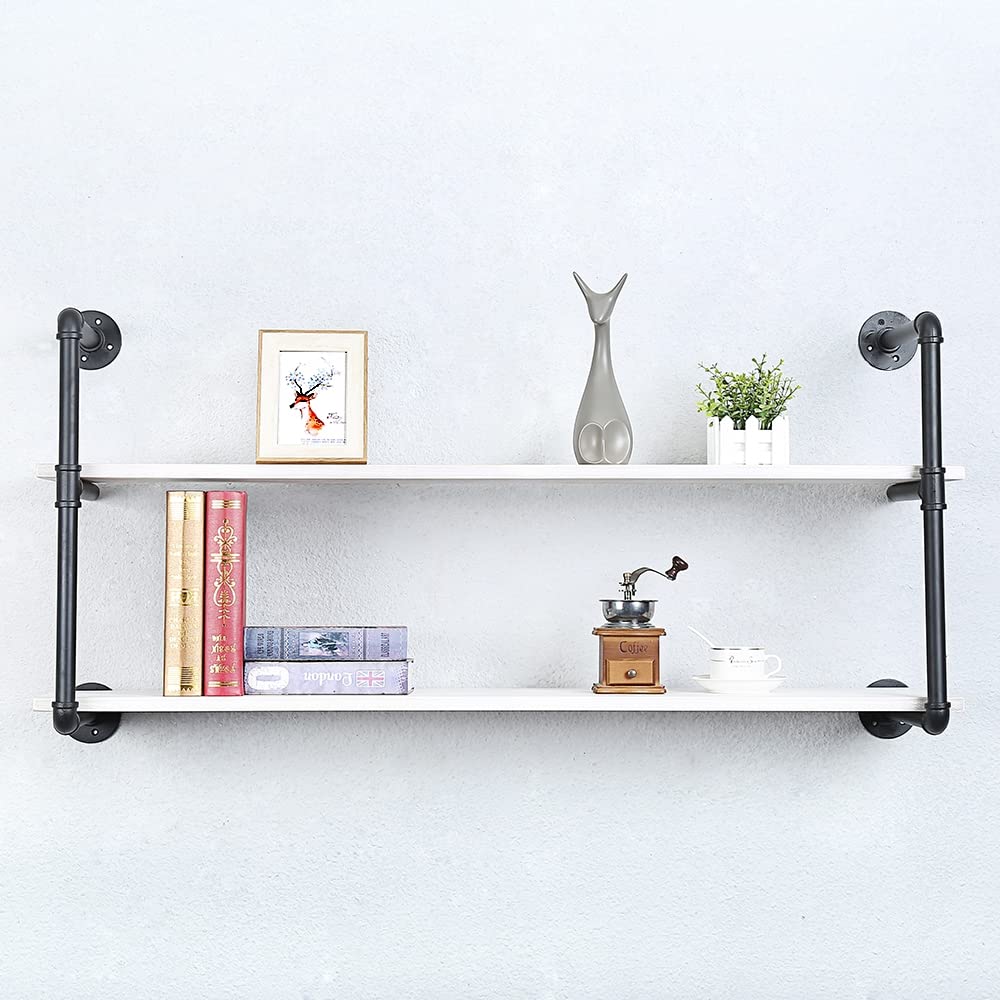 Industrial Pipe Shelving Wall Mounted - 48in Rustic Metal Floating Shelves with Real Wood, Steampunk Style Bookshelf for Farmhouse Kitchen & Bar (2 Tier) - Perfect for Home Office, Living Room & Bedroom Storage