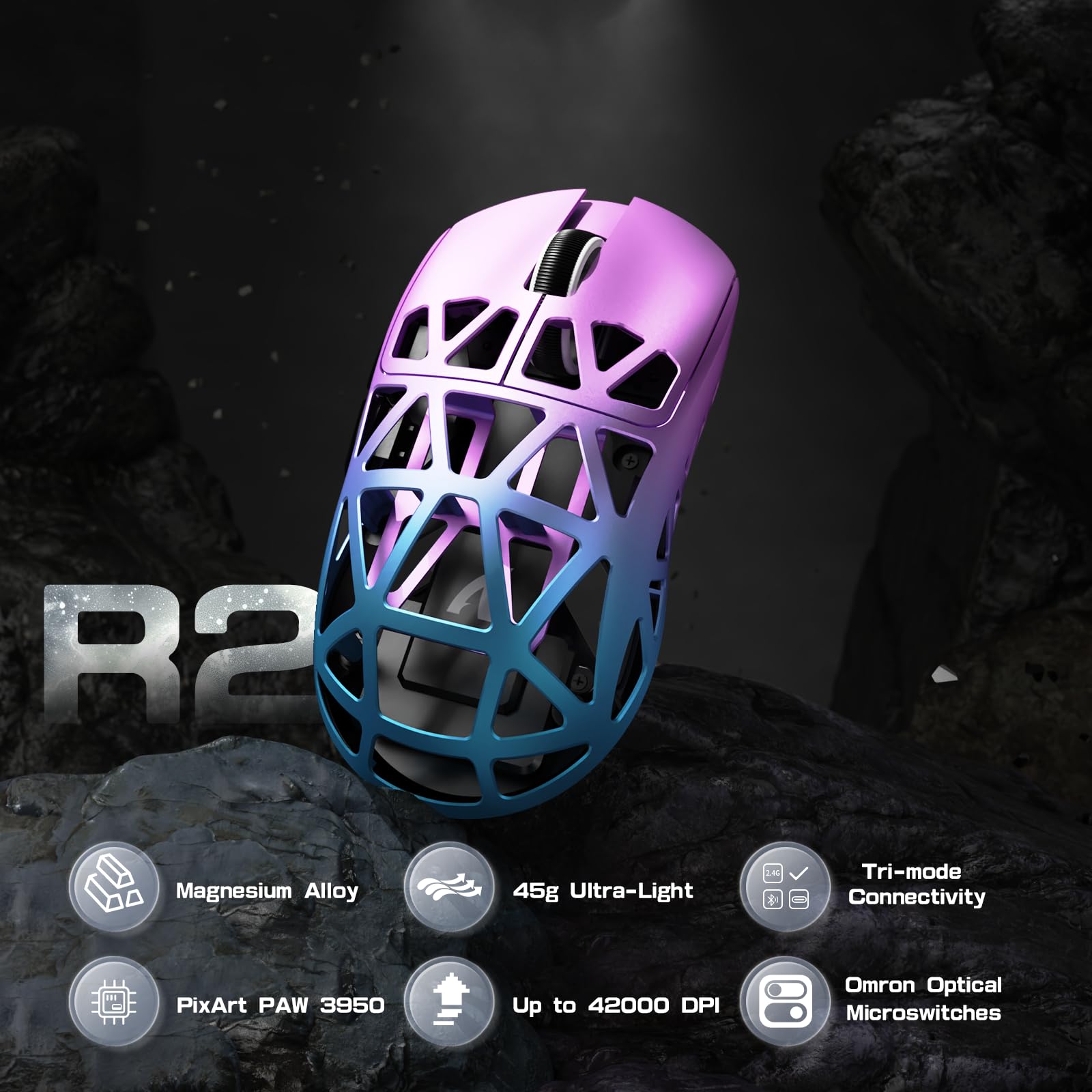 Attack Shark R2PRO 45g Ultra-Light Magnesium Alloy Gaming Mouse - PAW3950 Sensor, 42000DPI, 8000Hz Polling Rate, 2.4G/BT/Wired - Programmable RGB Mouse with Coiled Cable for PC/Mac (Purple) - Perfect for FPS, MOBA & Esports Gaming