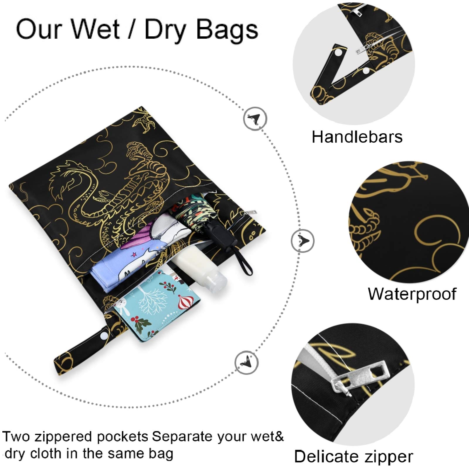 Visesunny Gold Dragon 2Pcs Waterproof Wet Bags with Zippered Pockets - Reusable Washable Storage Organizer for Travel, Beach, Pool, Gym, Daycare - Perfect for Wet Swimsuits, Dirty Clothes, Diapers & Toiletries - Ideal for Strollers, Sports & Outdoor Activities