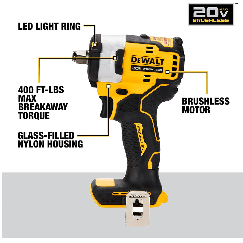 DEWALT DCF911B 20V MAX* 1/2 Inch Cordless Impact Wrench (Tool Only) - Factory Serviced with Warranty - Perfect for Automotive Repair, Construction & DIY Projects