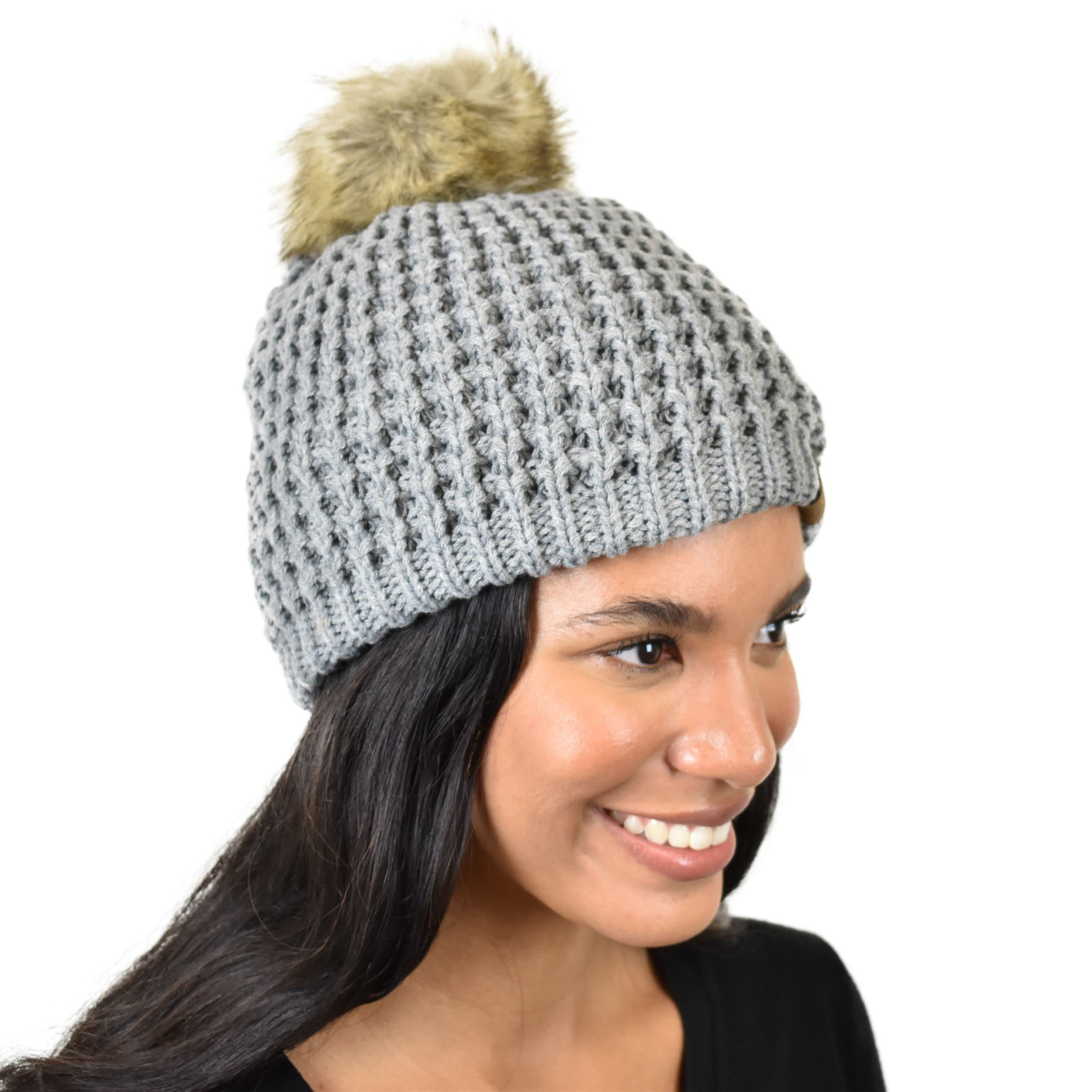 C.C Thick Waffle Knit Fleece Lined Faux Fur Pom Beanie Hat for Women - Winter Warm Fuzzy Knit Hat for Cold Weather, Outdoor Activities & Fashion Accessories