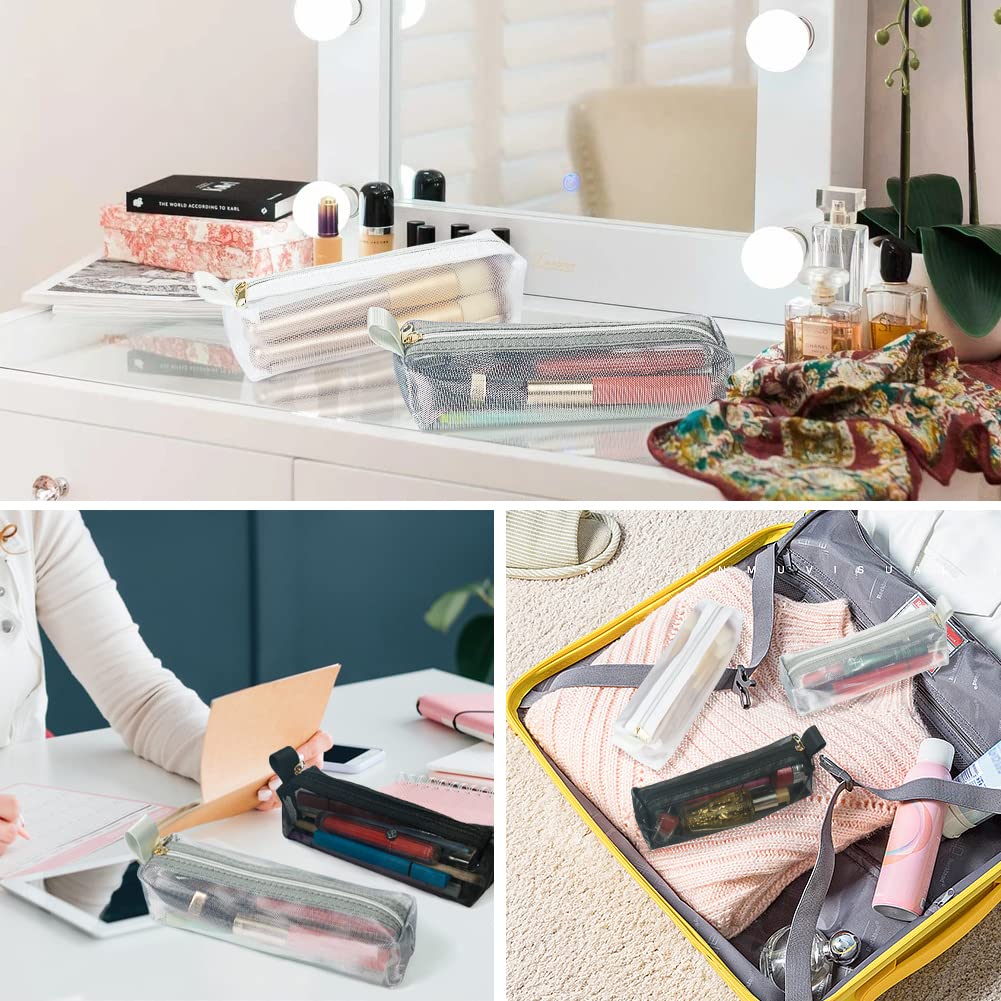 Mesh Makeup Brush Bag Set - 3Pcs Portable Travel Cosmetic Pouches for Makeup Brushes, Small Items & Purse Organization | Waterproof Pencil Pouch for On-the-Go Beauty, School & Office Essentials