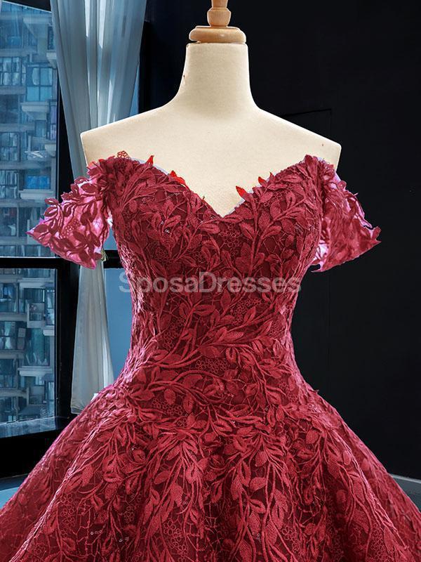 Elegant Off Shoulder Dark Red Lace Ball Gown - Formal Evening Prom Dress for Women | Perfect for Homecoming, Prom Night & Special Occasions