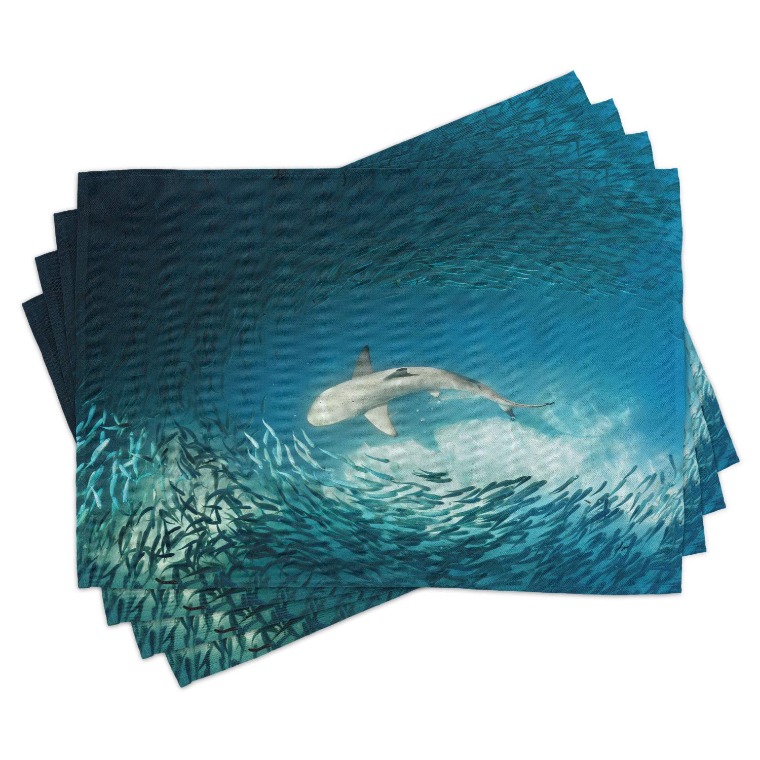 Ambesonne 4-Pack Sea Animal Placemats - Shark & Fish Ocean Wildlife Design, Washable Fabric Table Mats for Dining Room & Kitchen Decor in Teal & Beige | Perfect for Beach-Themed Parties, Family Dinners & Coastal Home Decor