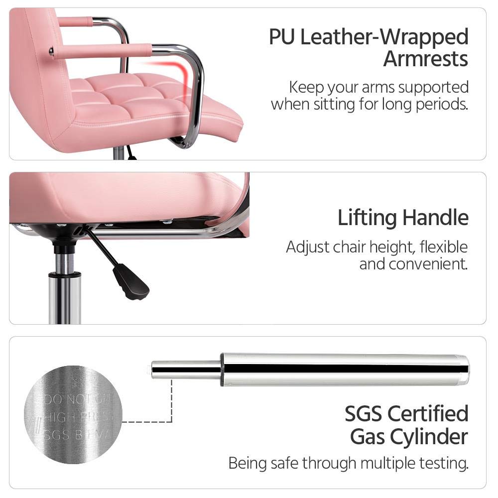 Yaheetech Pink PU Leather Ergonomic Office Chair - Adjustable Height, Rolling Wheels, Comfortable Desk Chair for Home, Office & Gaming Use