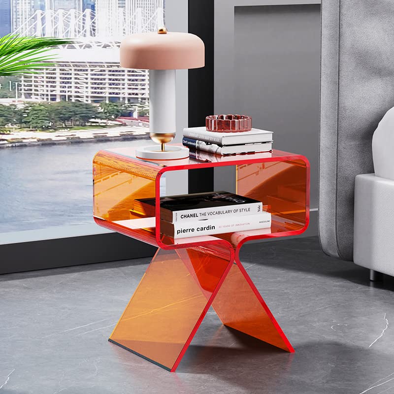 Modern Clear Acrylic Nightstand Side Table - Stylish End Table for Living Room, Bedroom & Office - Orange Home Decor Display for Contemporary Spaces