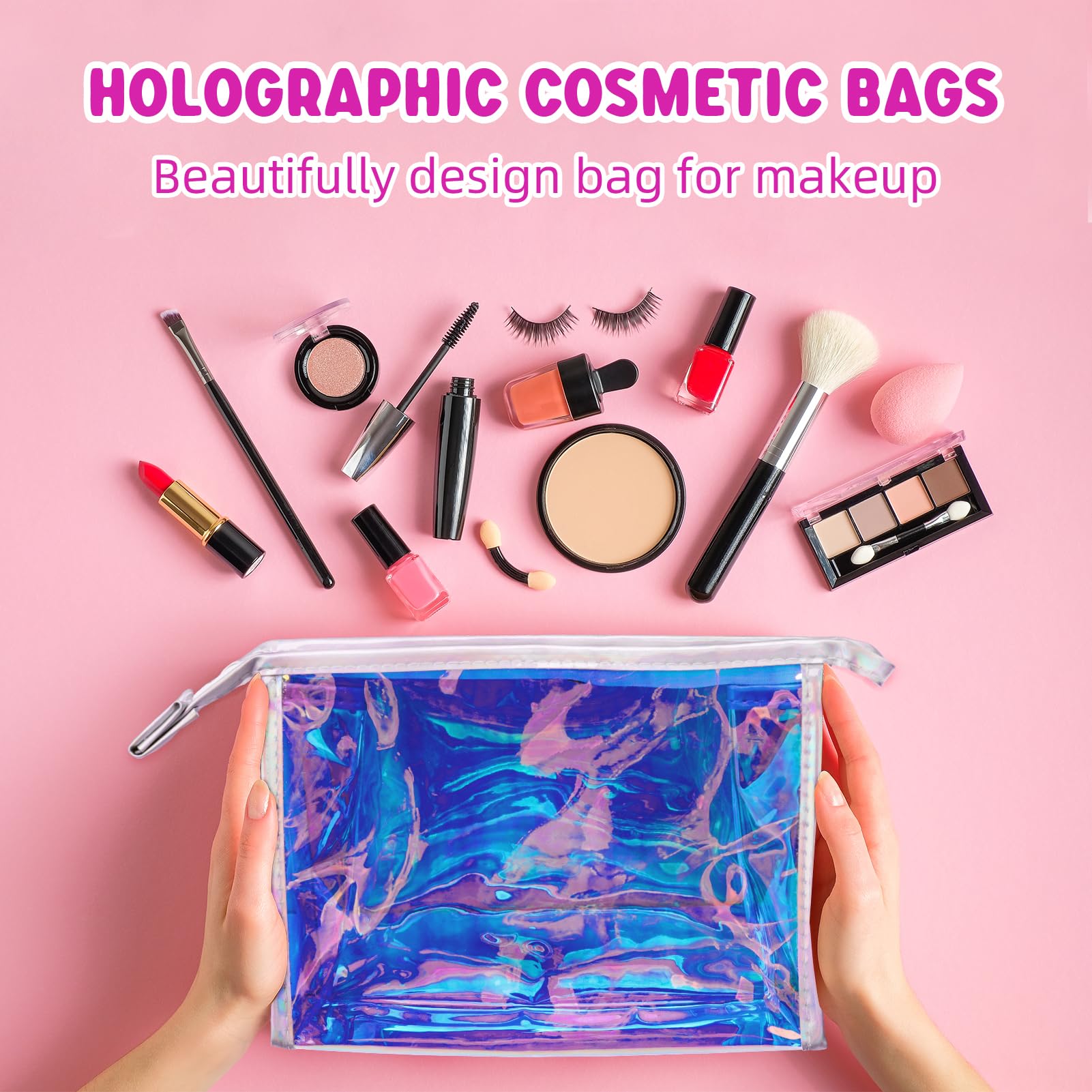 2 Pack Holographic Makeup Bags - Iridescent Waterproof Cosmetic Pouches with Zipper, Travel Toiletry Organizer & Brush Holder for Women | Perfect for Travel, Gym, and Daily Makeup Storage