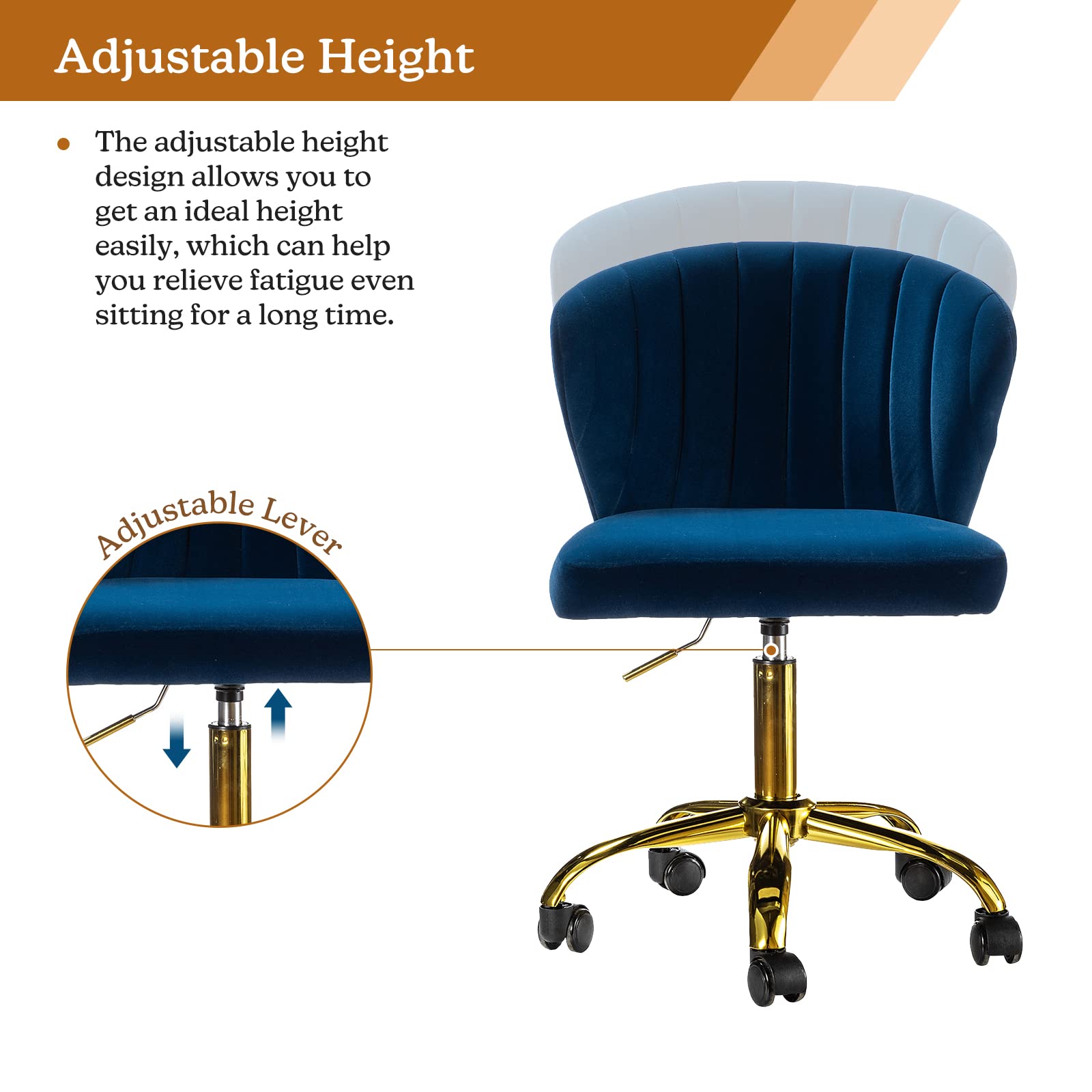 TINA'S HOME Modern Velvet Armless Office Chair with Wheels & Gold Base - Adjustable Low Back Swivel Rolling Task Chair for Home Office, Living Room, Vanity or Study - Navy Blue Upholstered Desk Chair for Comfortable Workspace