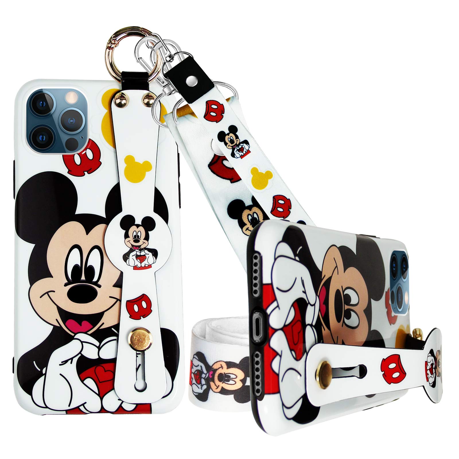 GONGFF Cute Cartoon Mickey Mouse Phone Case for iPhone 12 & 12 Pro 6.1 Inch - Shockproof Protective Cover with Wrist Strap & Lanyard - Perfect for Everyday Use, Travel & Gift Giving