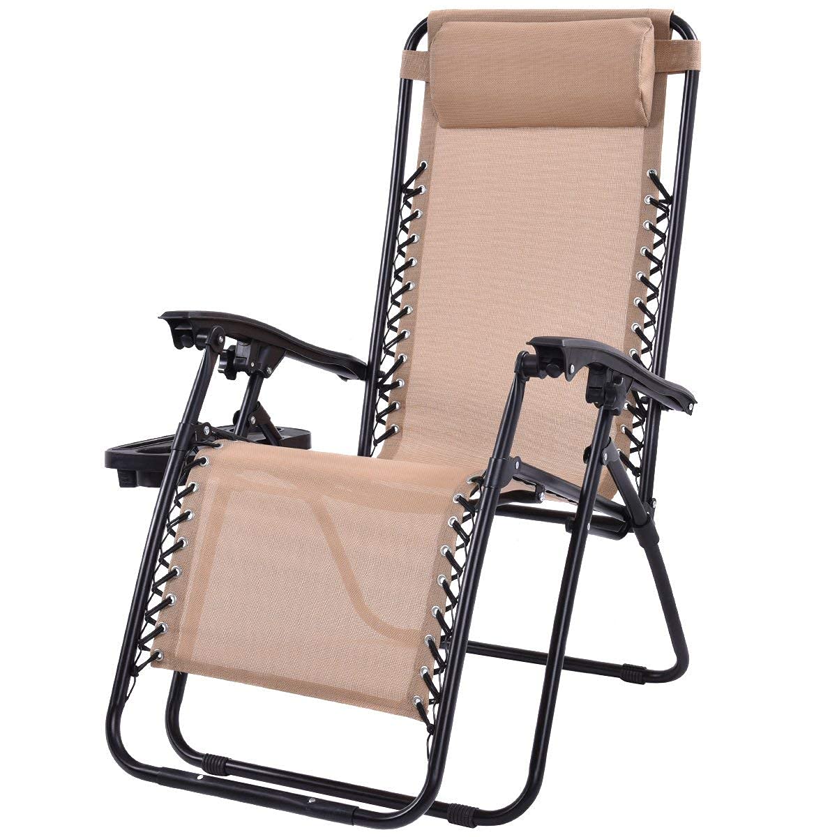 Zero Gravity Reclining Lounge Chair - Adjustable Outdoor Patio Chair with Cup Holder & Headrest - Foldable Sunbathing Chair for Poolside, Backyard, Beach, and Garden Relaxation (Beige)