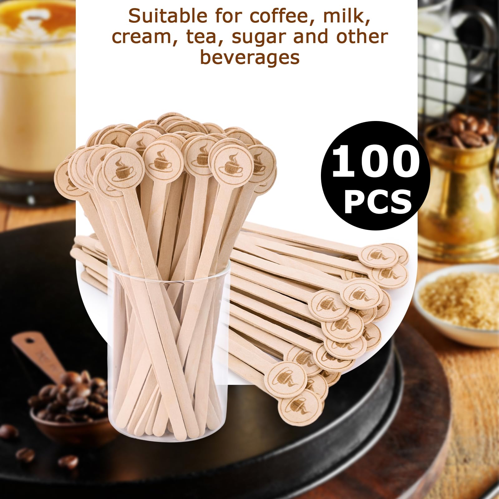 100PCS Wooden Coffee Stirrers - 5.9 Inch Round End Stir Sticks for Mixing Coffee, Cocktails, Milk Tea & Beverages - Perfect for Home, Office & Cafes
