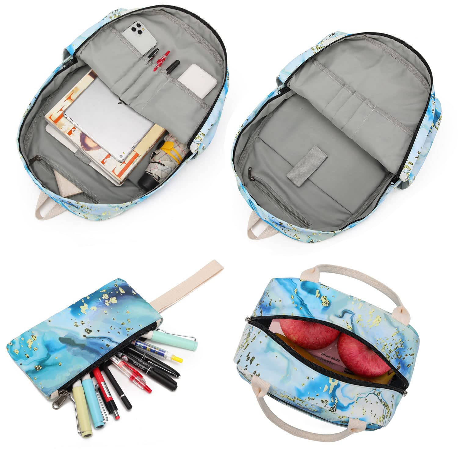 Waterproof School Backpack Set with Lunch Box & Pencil Case - Durable 14 Inch Laptop Backpack for College Students, Daypack Bookbag - Perfect for School, Travel & Daily Commute (Marble Blue)