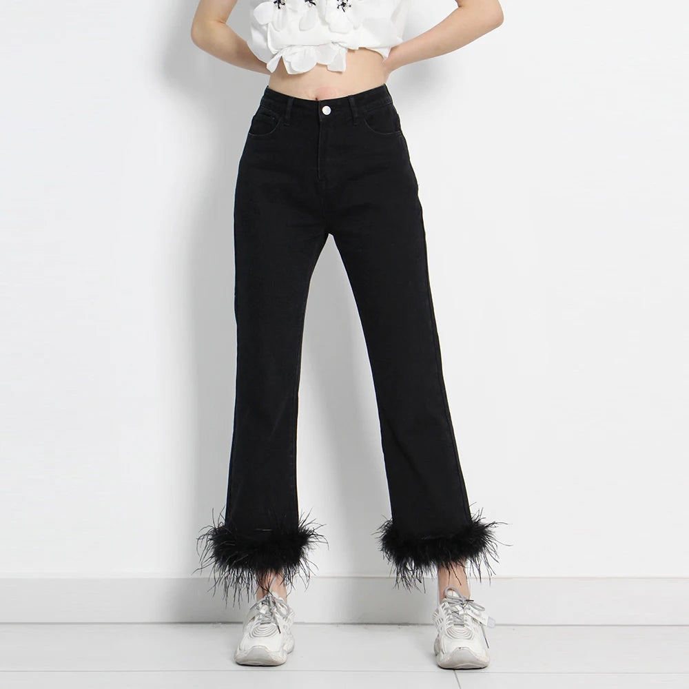 Women's Black Patchwork Feather Pants - High Waist Minimalist Trousers | Korean Fashion Style | Perfect for Casual Wear, Office Outfits & Street Style