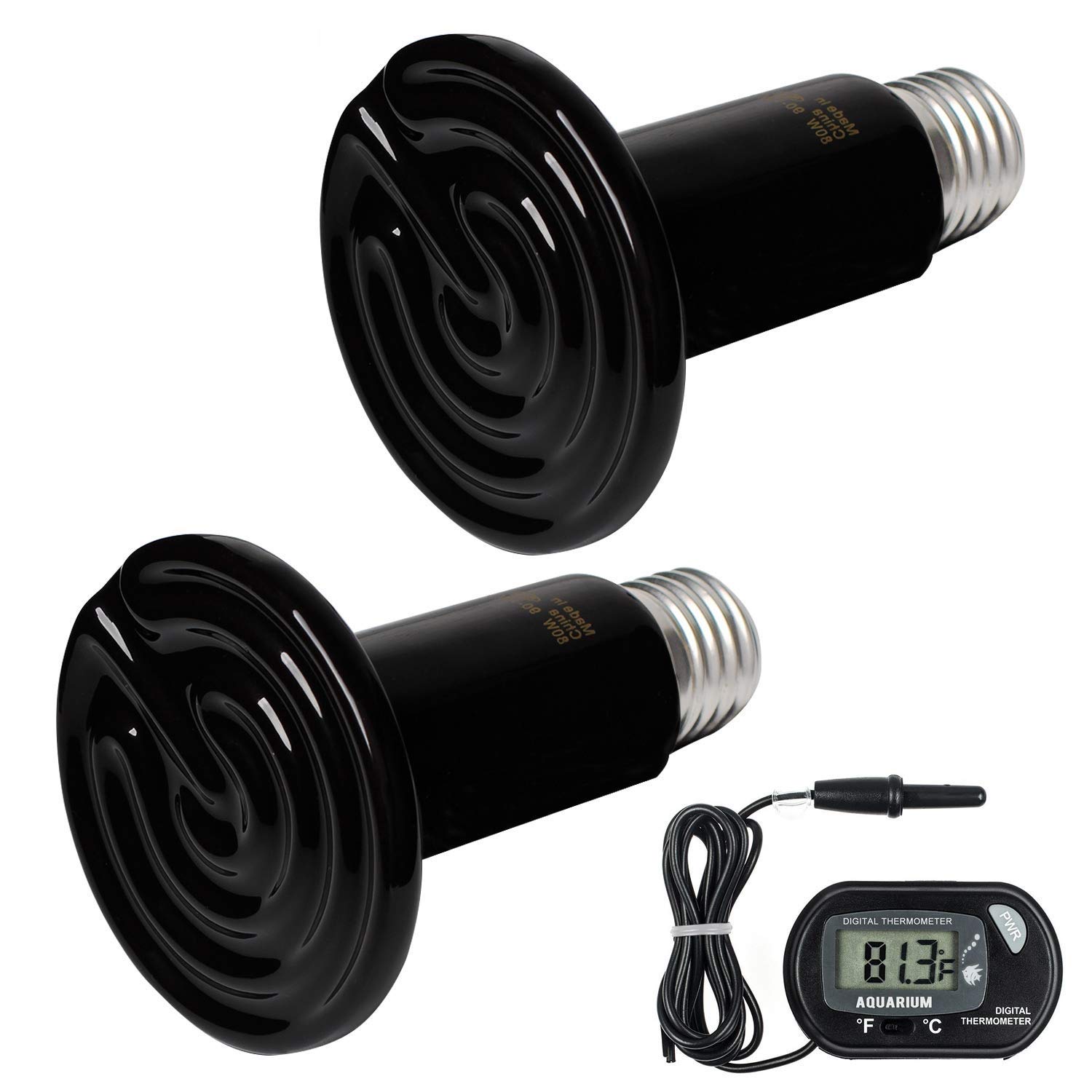 WUHOSTAM 2 Pack 80W Ceramic Heat Lamp with Digital Thermometer - Infrared Reptile Heat Emitter for Chicken Coop, Reptile Terrarium, Snake & Turtle Tanks - ETL Certified Pet Heating Bulb for Brooder & Aquarium Use